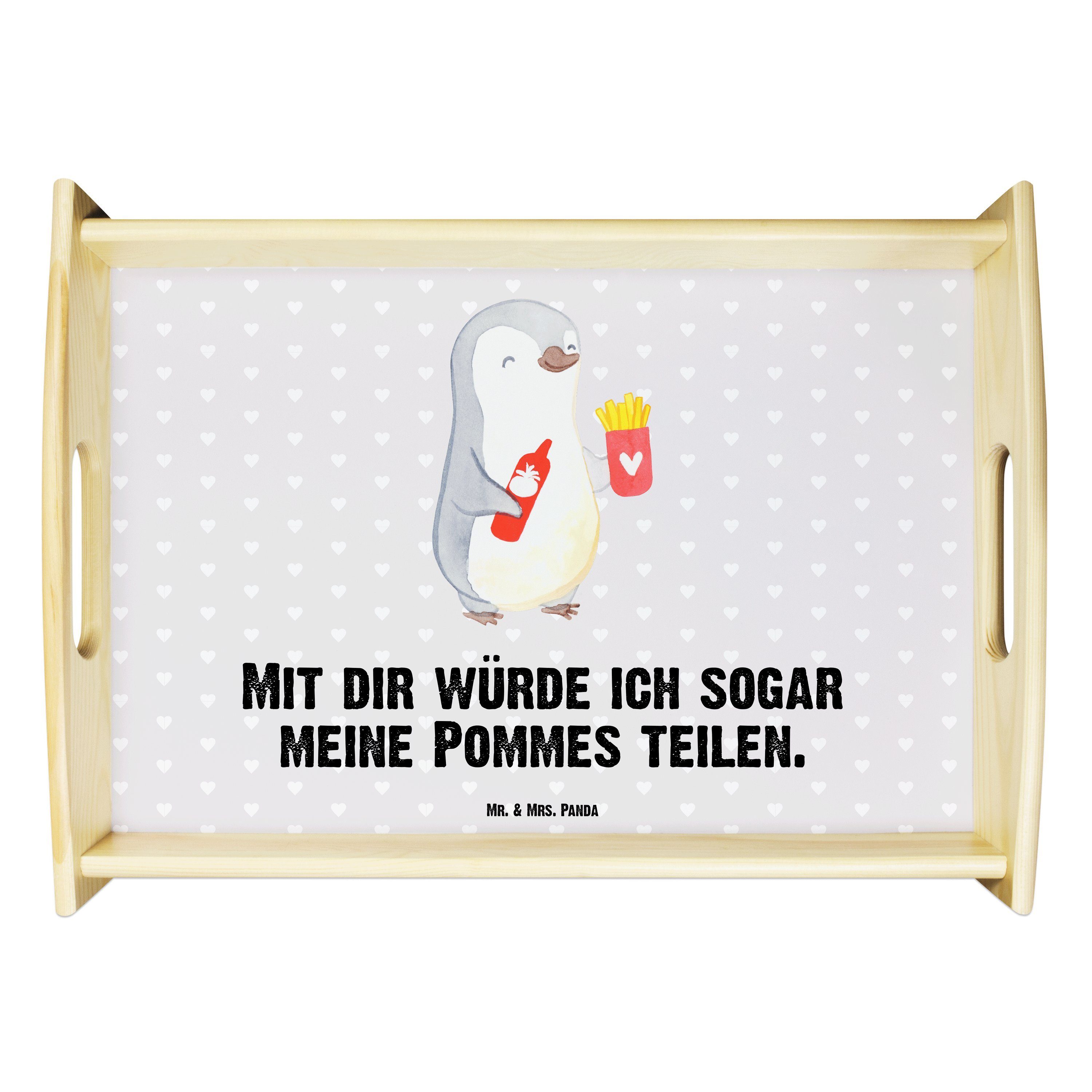 Mr. & Mrs. Panda Tablett Pinguin Pommes - Grau Pastell - Geschenk, Valentinstag, Dekotablett, Echtholz lasiert, (1-tlg)