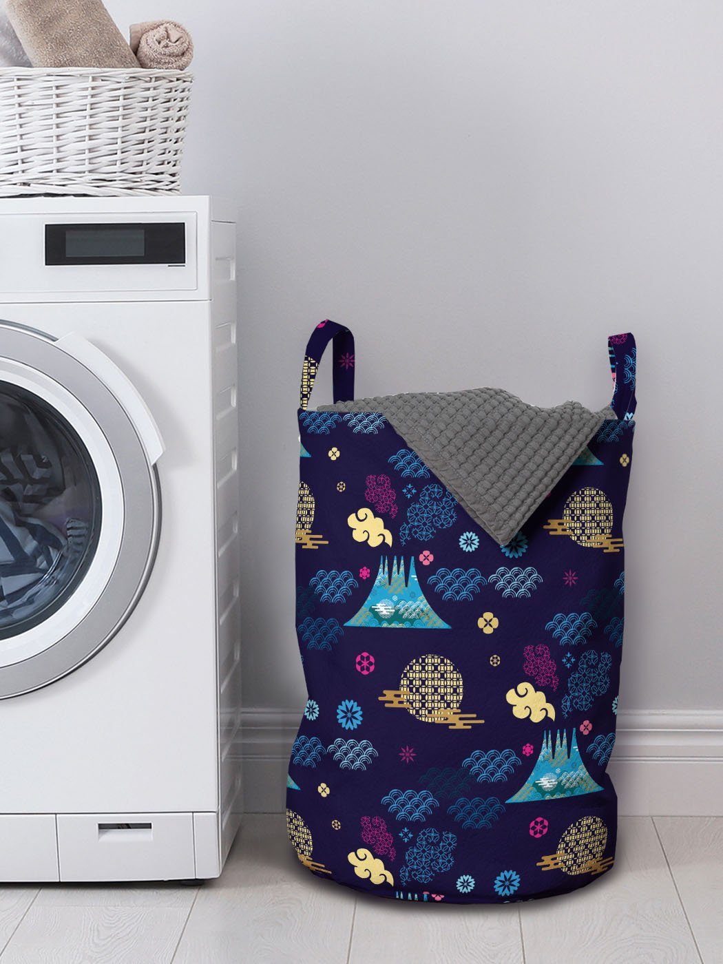 Surreal mit Waschsalons, Griffen Wäschekorb Element Japanisches für asiatisch Abakuhaus Wäschesäckchen Kordelzugverschluss