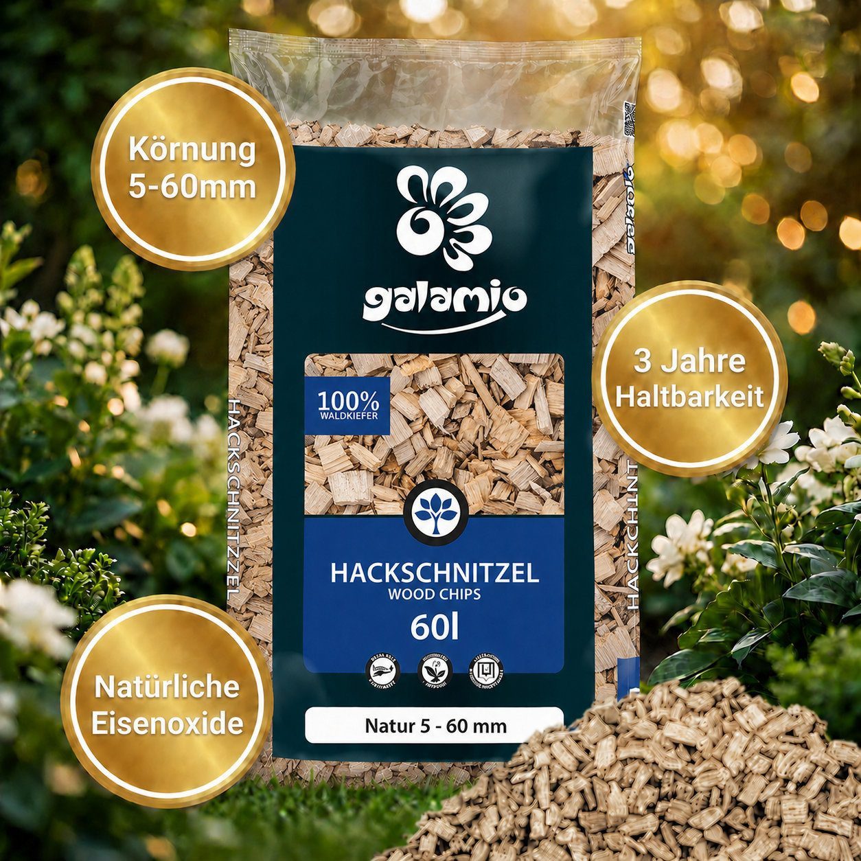 GALAMIO Holzhäcksel Hackschnitzel Holzdekor Natur 5-60 mm, (Palette, 39-St) – Bild 3 von 5