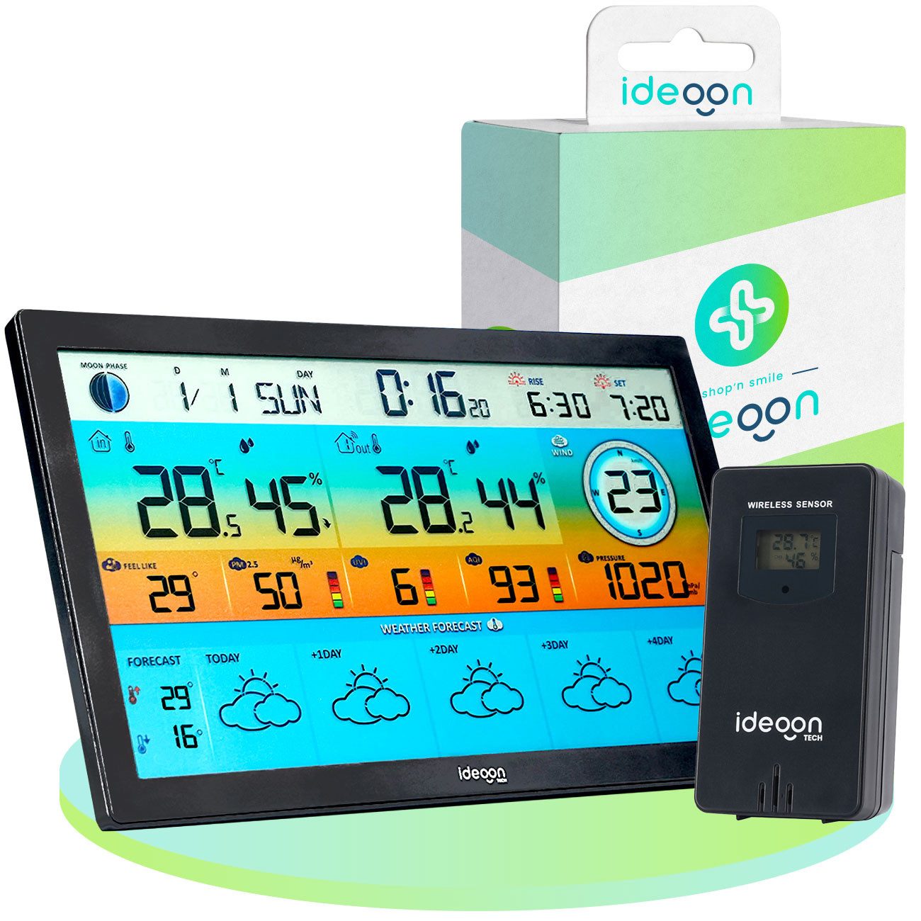 shop'n smile ideoon WLAN Funkwetterstation XXL UV Farbdisplay Thermometer Hygrometer Funkwetterstation (40 cm Display, WLAN/Tuya App, 5-Tage-Trend, Luftqualität & Wetterdaten)
