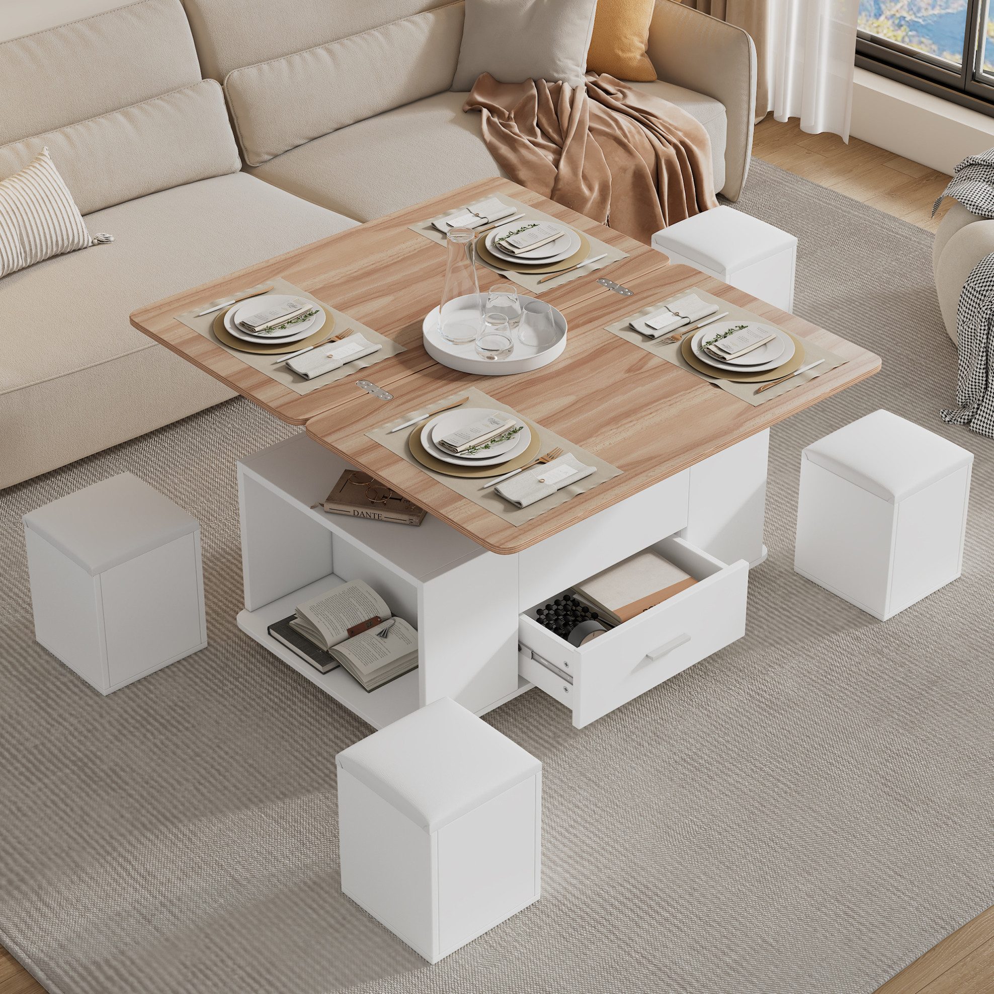 REDOM Couchtisch Design-Tisch – 4-in-1, höhenverstellbar & 4 Hocker (Packung, 1-St., Weiß+Natur, 100×45×50 cm, für moderne Räume), ausziehbar, Rollen, versteckter Stauraum
