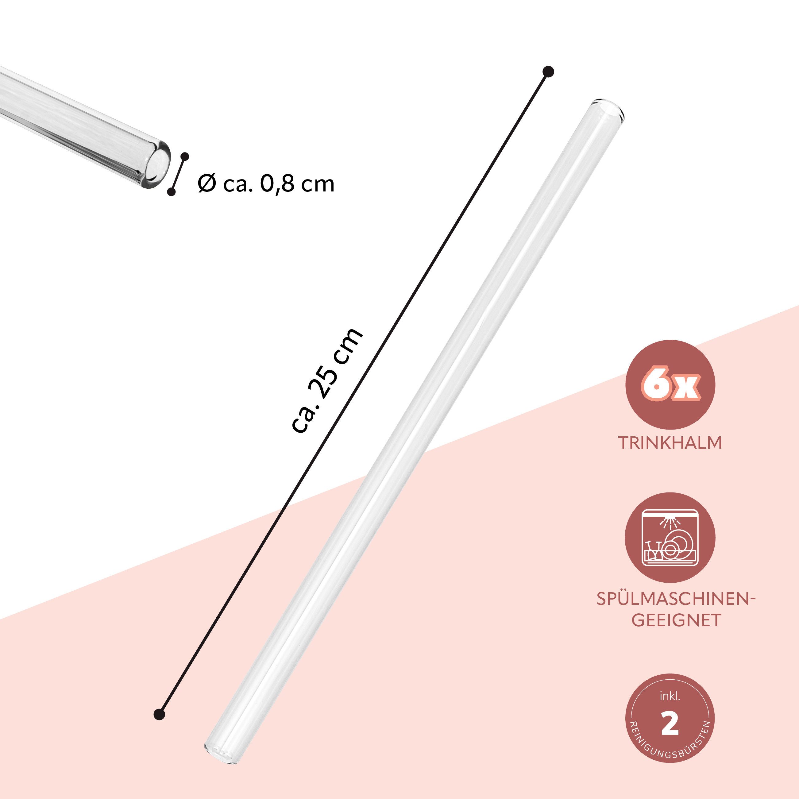 bremermann Trinkhalme 6er Glas-Trinkhalme, 25 cm Länge, wiederverwendbar, transparent inklu