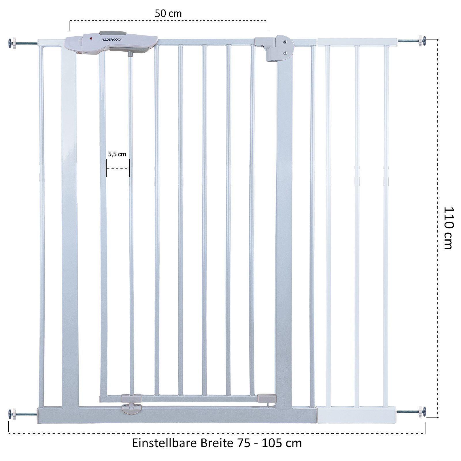 RAMROXX Treppenschutzgitter 95-105cm Türgitter Weiß RAMROXX Kindersicherung 110cm Hoch – Bild 3 von 5