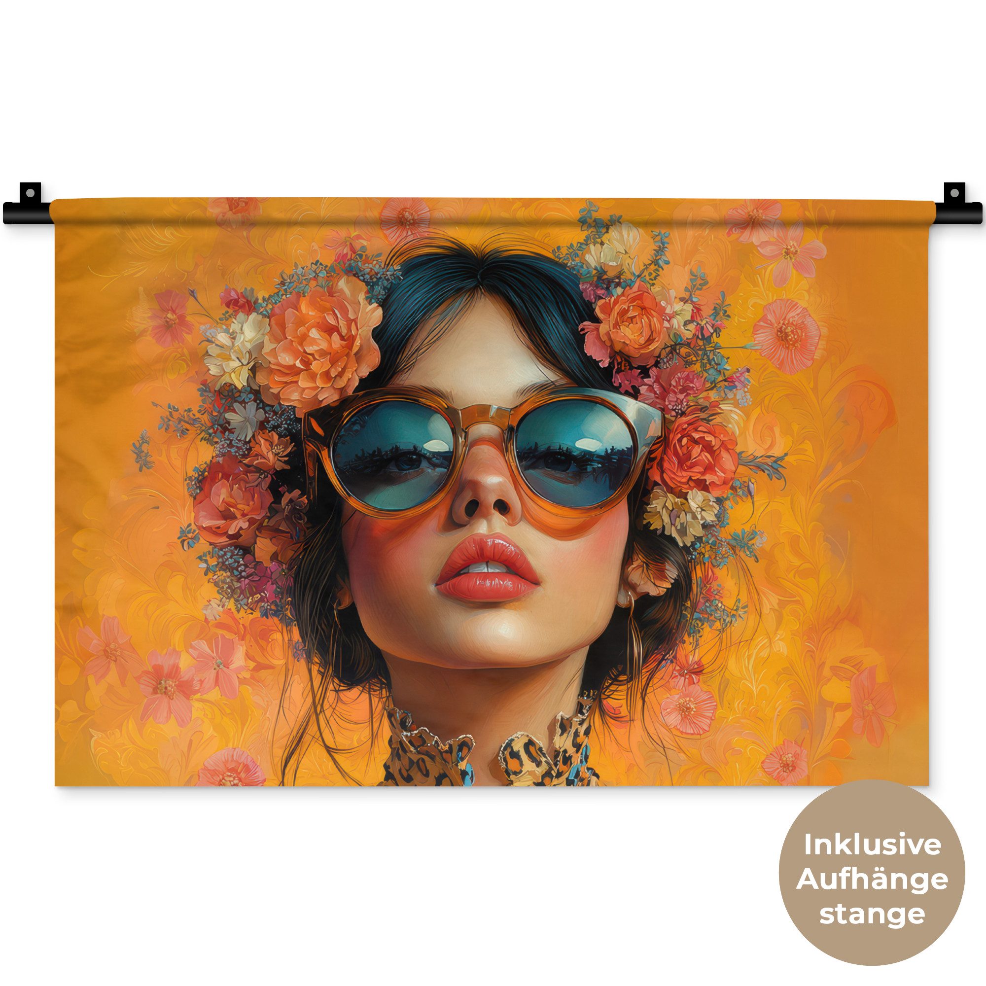 MuchoWow Wandteppich Frau - Blumen - Ästhetik - Orange, Rechteckig, Höhe: 3 mm, Wandteppich für Wohnzimmer, Schlafzimmer, 60x40 cm