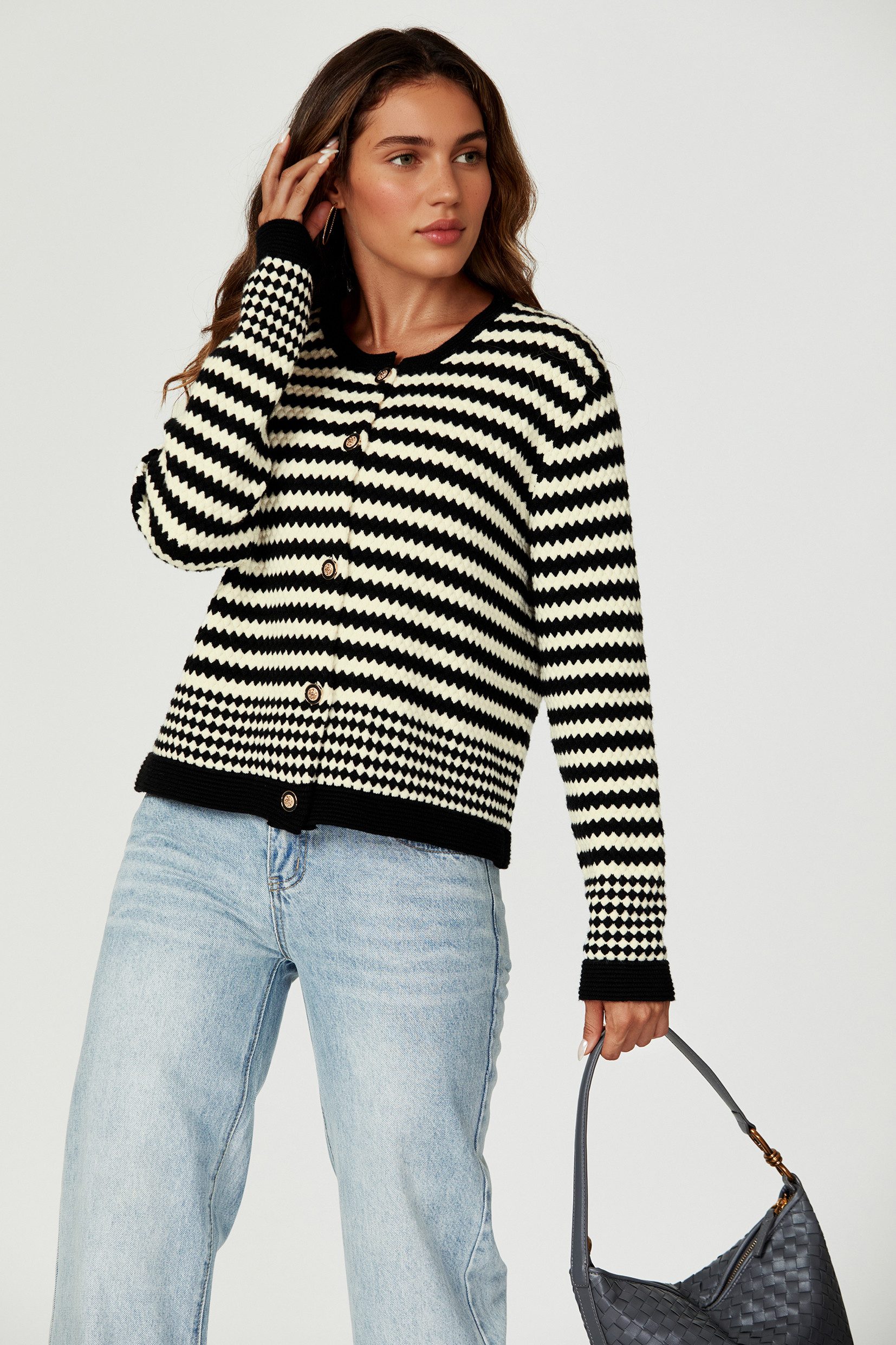 FS Collection Cardigan Damen Strickjacke Cardigan Schwarz-Weiß mit Geomuste günstig online kaufen