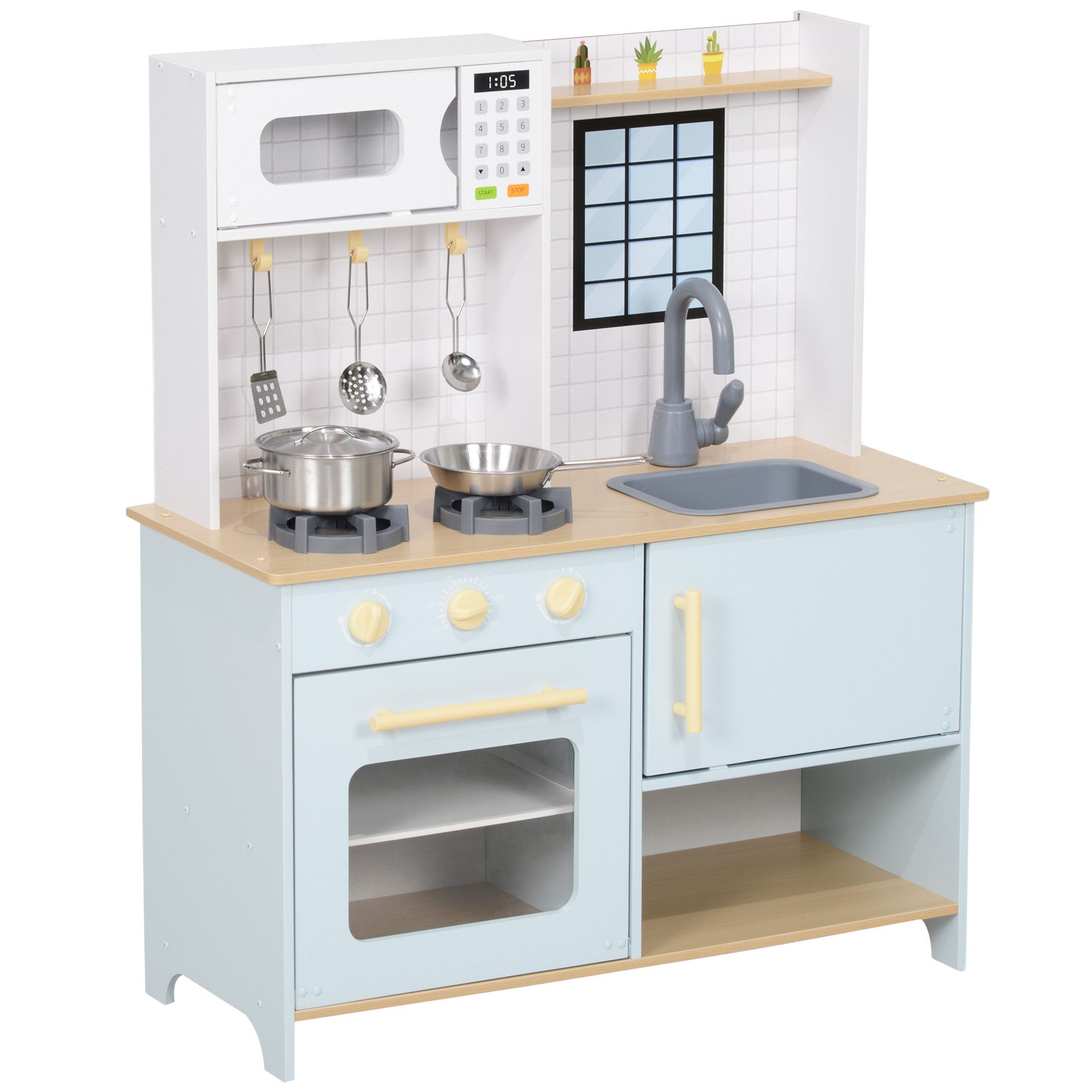 AIYAPLAY Spielküche Kinderküche mit Mikrowelle, Spielzeugküche mit Stauraum MDF, Edelstahl, für 3+ Jahre Kinder, Blau