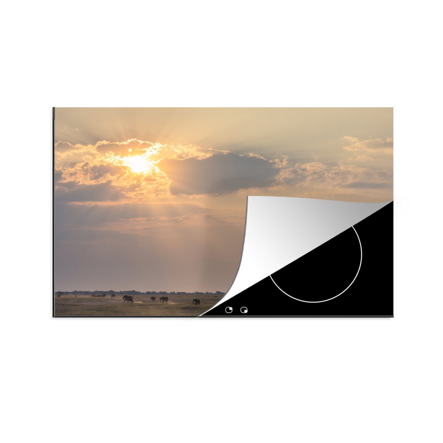 MuchoWow Herdblende-/Abdeckplatte Sonnenstrahlen über der Savanne im Chobe-Nationalpark., Vinyl, (1 tlg), 81x52 cm, Induktionskochfeld Schutz für die küche, Ceranfeldabdeckung