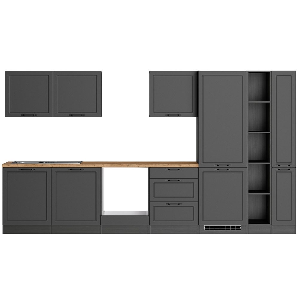 Lomadox Küchenzeile MONTERREY-03, Küchenblock Küchenmöbel, 360cm, grau mit Eiche