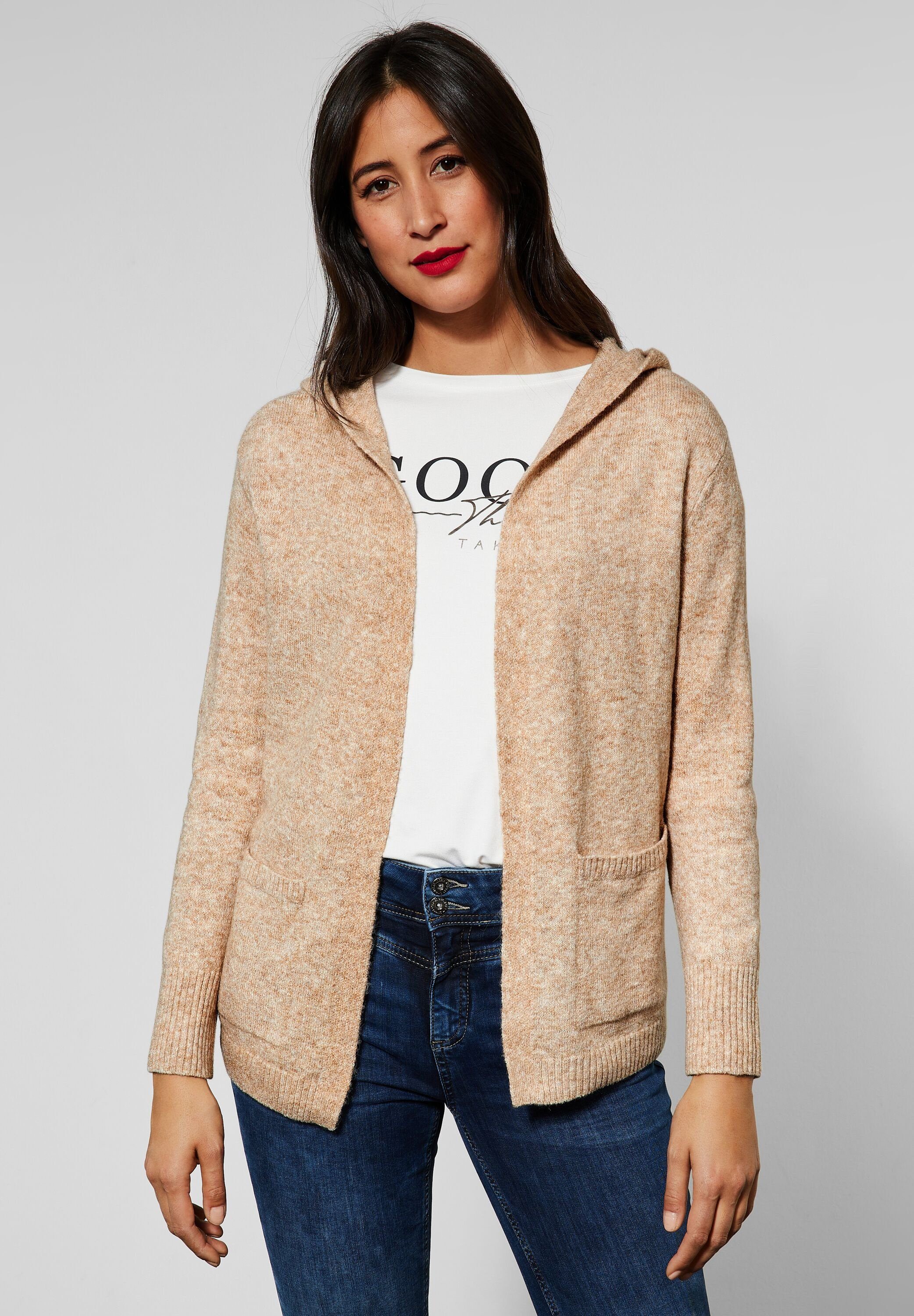 Kapuze sand mit STREET Strickcardigan buff melange Cardigan ONE