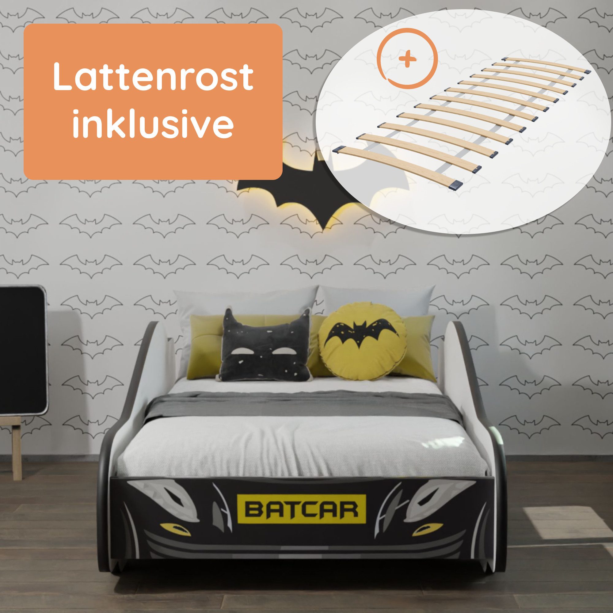 Kids Collective Car Bed 70x140 / 80x160 cm Children's Bed/Youth Bed with Fall Protection (Batman Batmobile Bat Car Play Bed, Batman Batmobile Bat Car Play Bed), Children's Bed 70x140 cm with Slatted Base - for children from 2 years old