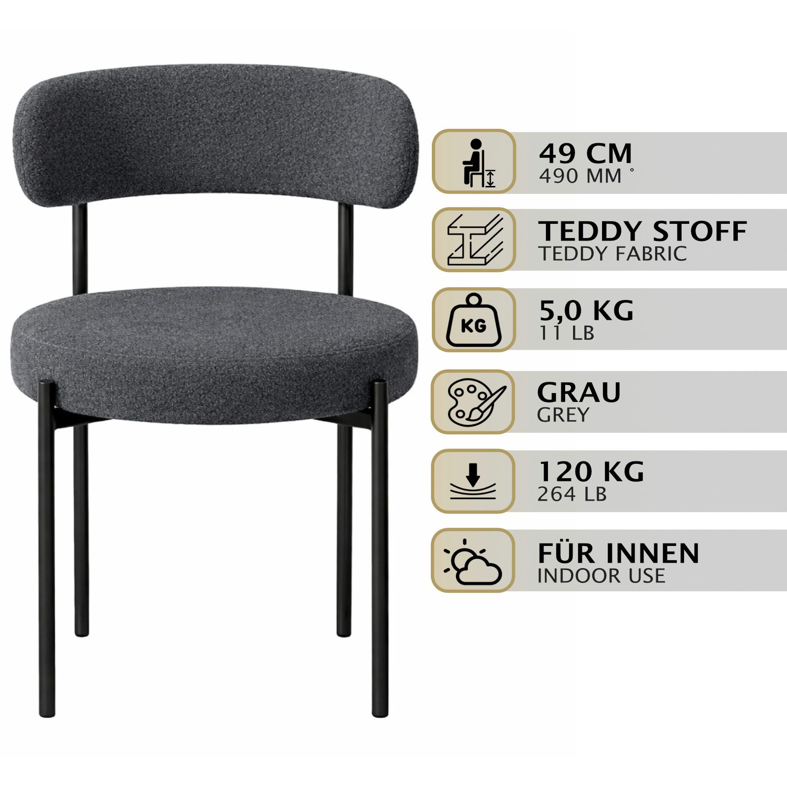 HAGO Esszimmerstuhl 2er Set Küchenstühle Esszimmerstühle Teddy Stoff Rückenlehne rund – Bild 2 von 5