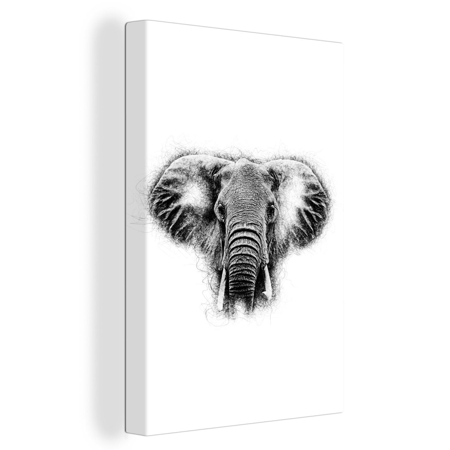 fertig - OneMillionCanvasses® Leinwandbild - Tasse, 20x30 Gemälde, Schwarz Elefant Leinwandbild (1 Weiß St), cm - inkl. Zackenaufhänger, bespannt