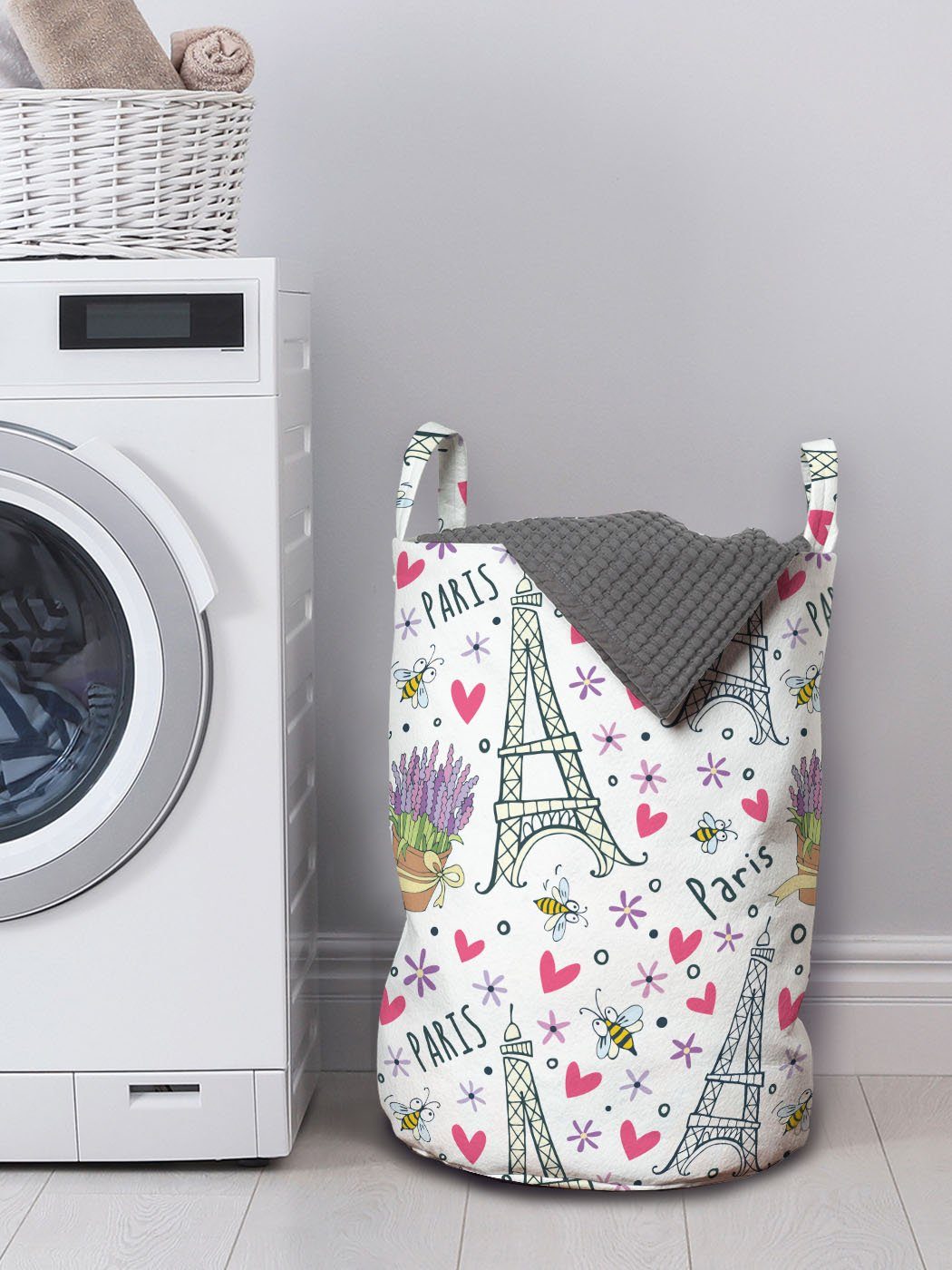 Wäschesäckchen Kordelzugverschluss mit für Abakuhaus Waschsalons, Artikel Griffen Doodle Wäschekorb Romantische Eiffelturm