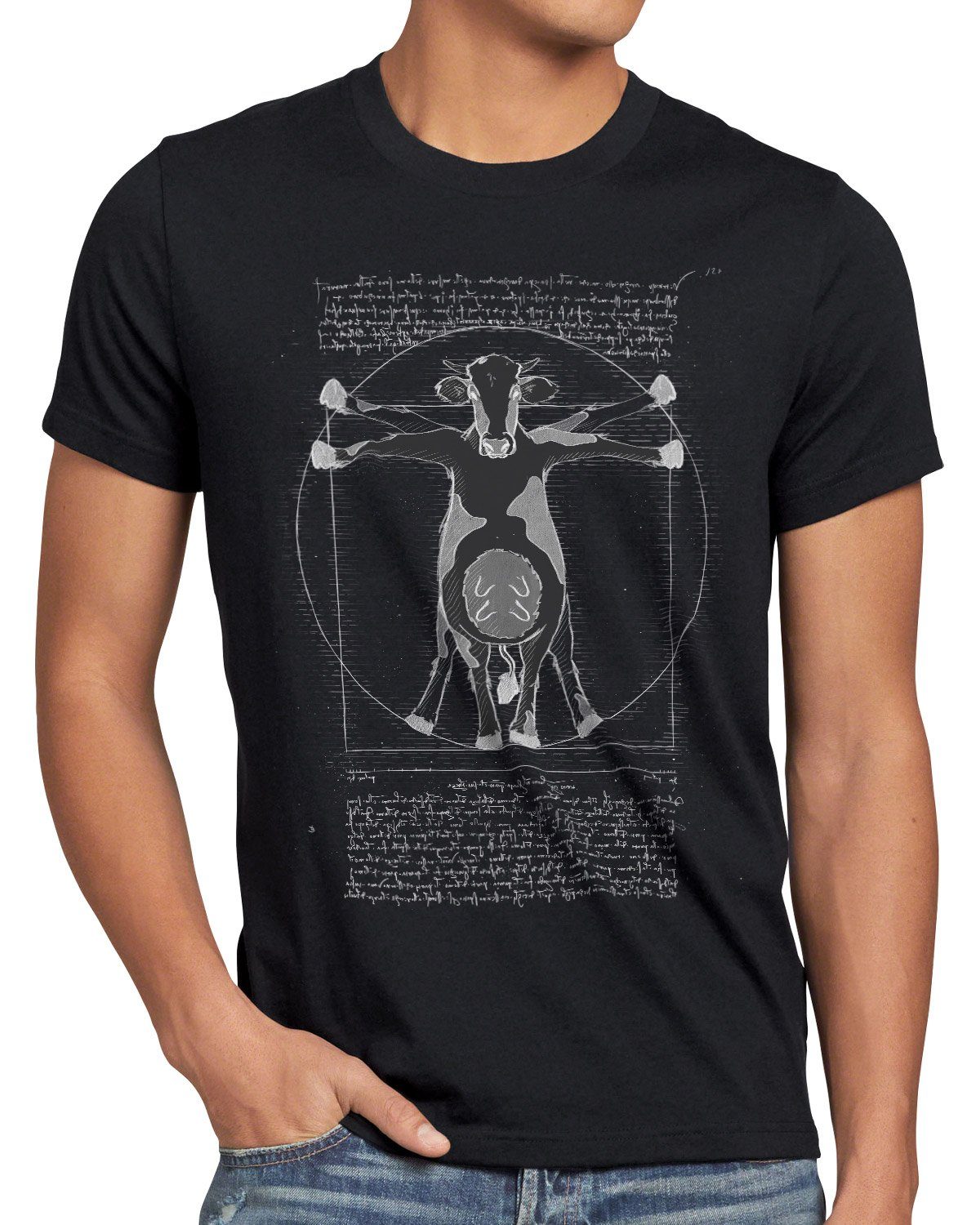 style3 Print-Shirt Herren T-Shirt Vitruvianische Kuh rind bauernhof da vinci mensch schwarz