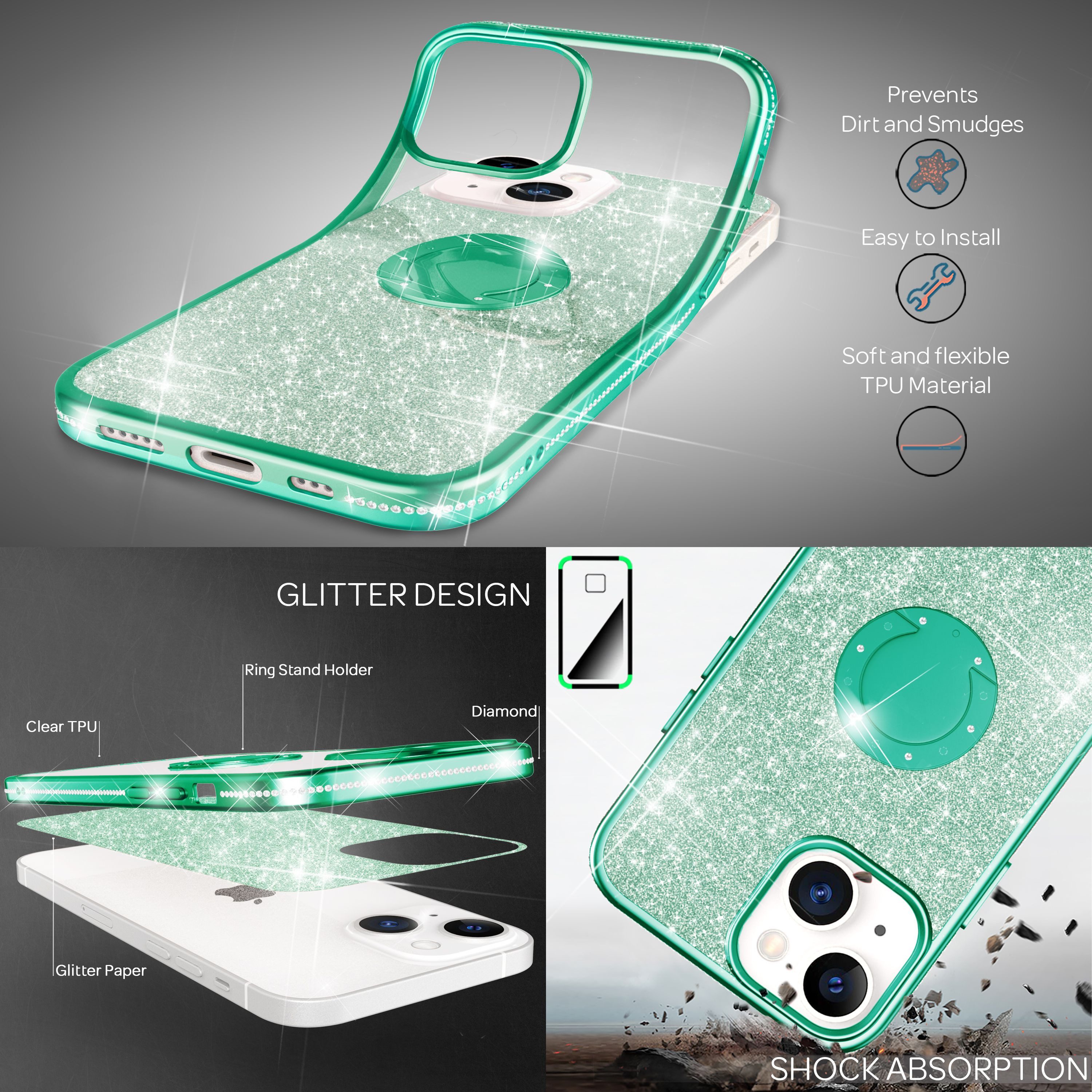 Nalia Smartphone-Hülle Apple iPhone 13 Mini 13,7 cm (5,4 Zoll), Glitzer Ring Silikon Hülle / 360 Grad Finger-Halter / Standfunktion