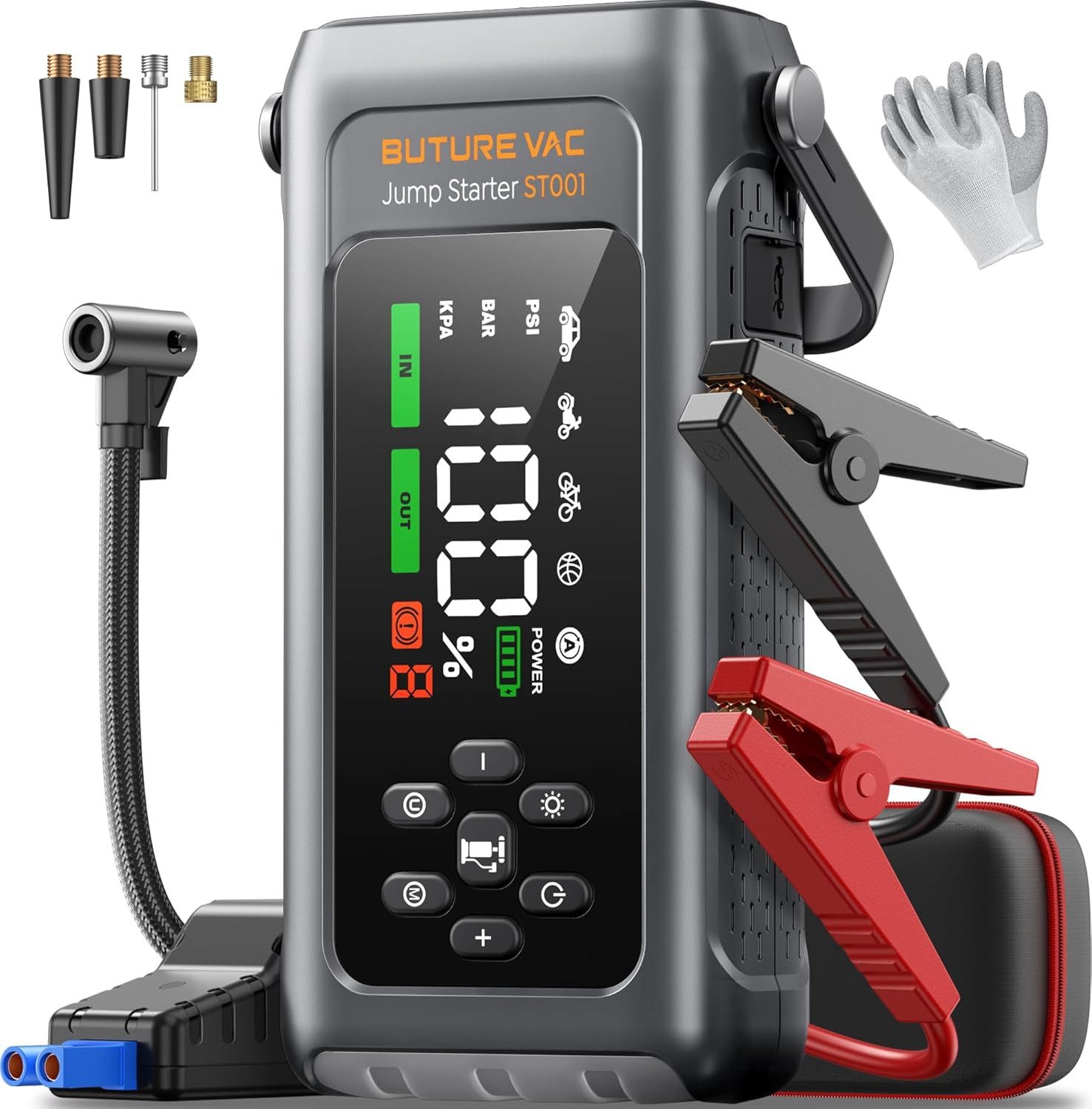 Buture 4-in-1 5000A Starthilfe Powerbank mit 150PSI Kompressor 16800mAh Starthilfegerät, 18 W Schnellladung, 500 Lumen Notbeleuchtung, …