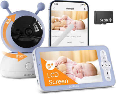 Boifun Babyphone Babyphone mit Kamera App 1080P 5" Video Babyphone HD-Nachtsicht, PTZ 355°/90° 4X-Zoom,Bewegungs und Geräuscherkennung, Temperatur und Luftfeuchtigkeitsüberwachung, Wiegenlied, Intelligente Rundum-Erkennung,Automatische Verfolgung,VOX-Funktion