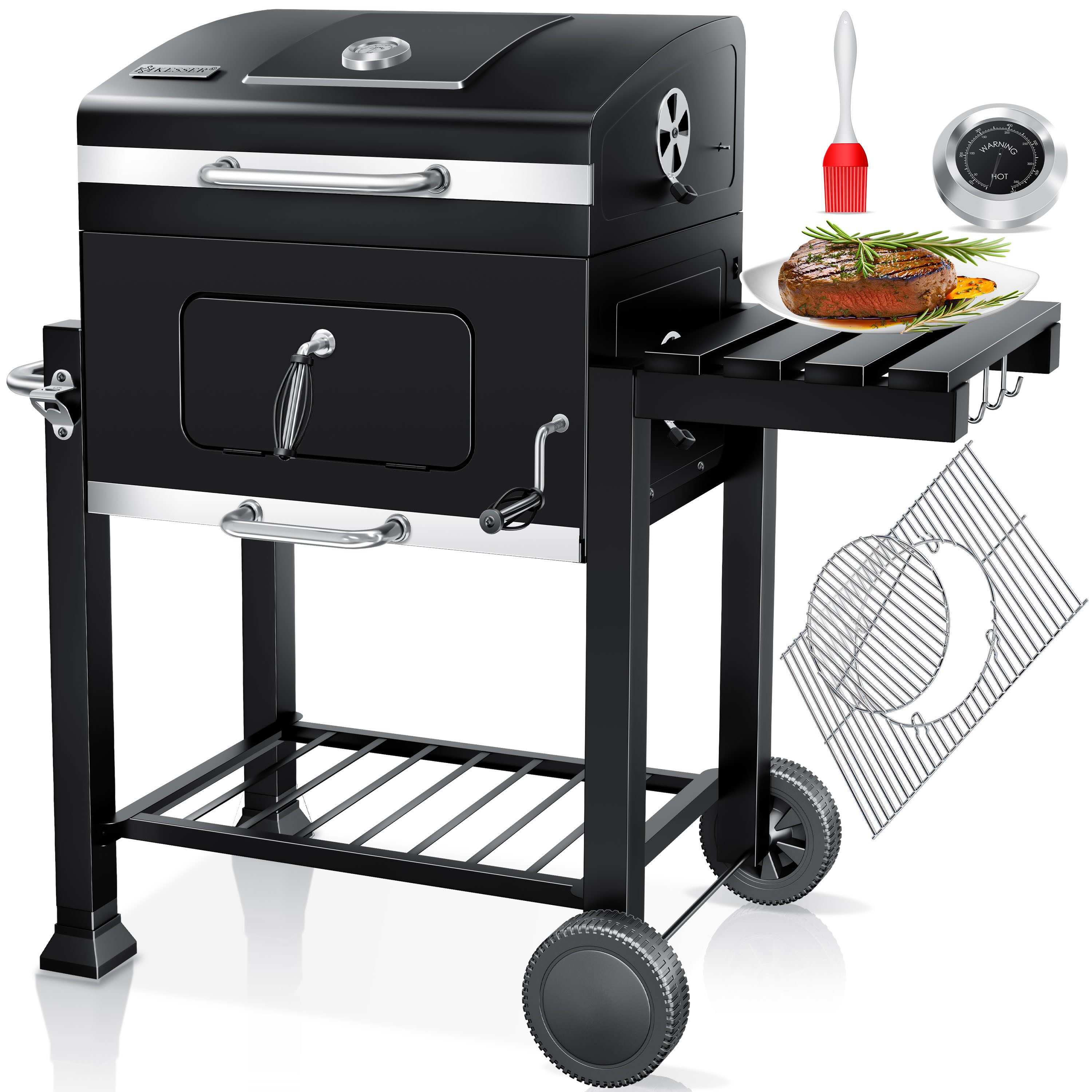 KESSER Holzkohlegrill Grill Grillwagen BBQ Smoker XL Holzkohlegrill mit Deckel, Rädern, Edelstahl-Griff, Grillrost und Thermometer Standgrill Kohlegrillwagen
