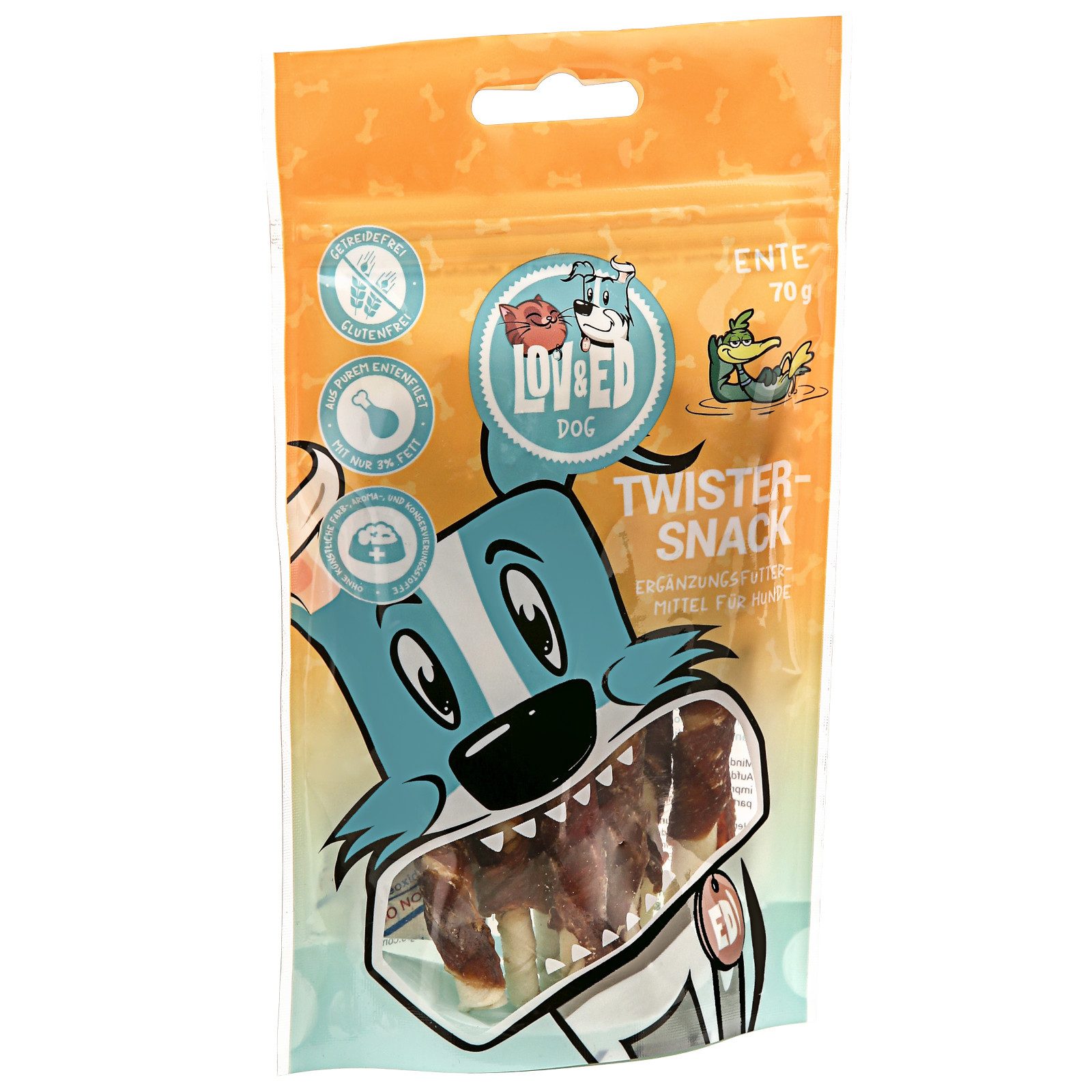 Lov&Ed Twister-Snack Ente, 70g, Kau-Leckerli für Hunde, 70g
