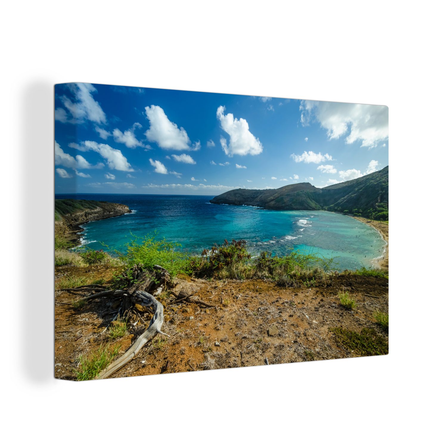 OneMillionCanvasses® Leinwandbild Hanauma Bay mit der grünen Landschaft von Oahu, Hawaii, (1 St), Wandbild Leinwandbilder, Aufhängefertig, Wanddeko, 30x20 cm