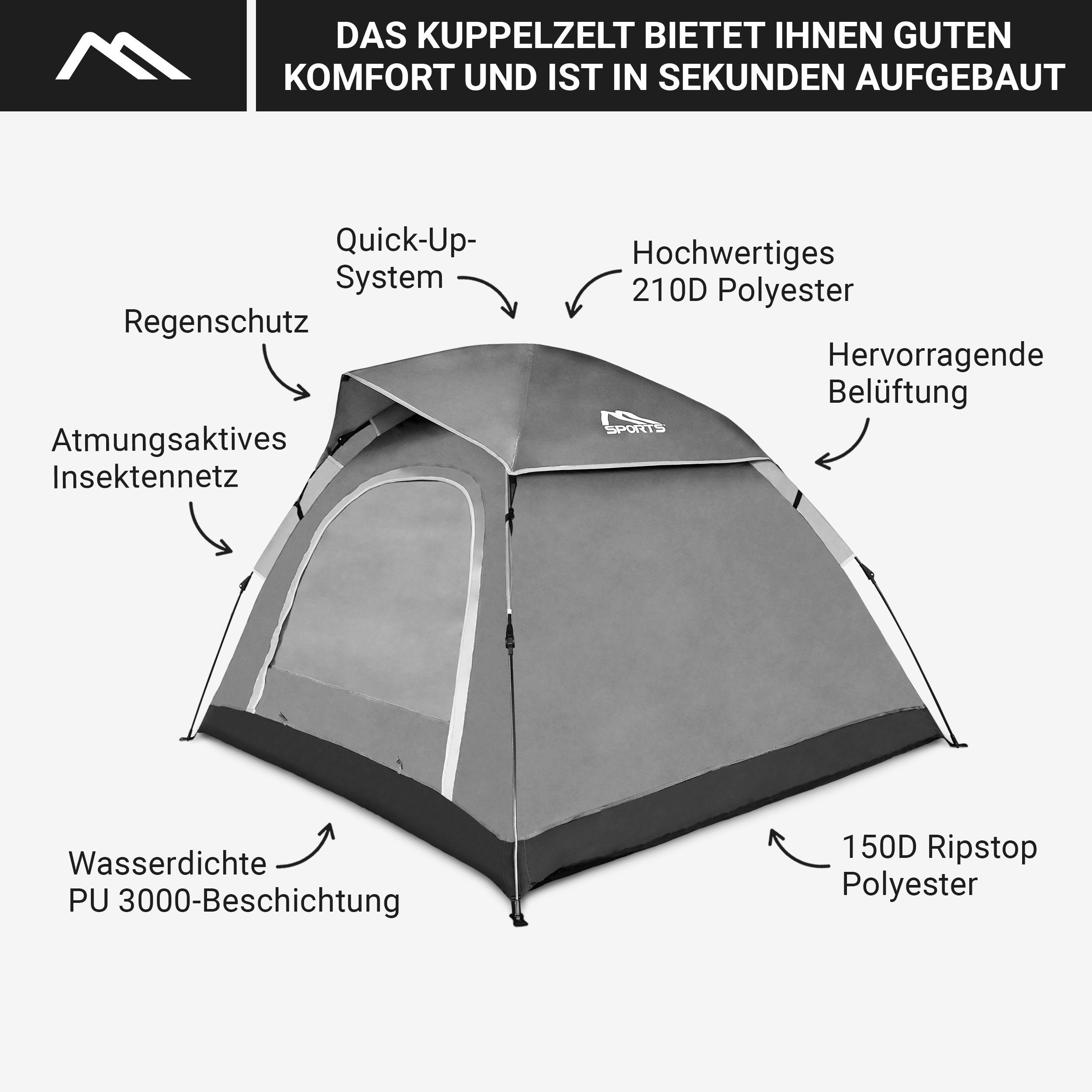 MSports® Igluzelt Kuppelzelt Zelt Up Personen Grau Wasserdicht Würfelzelt Pop 2-3 Campingzelt Winddicht Zelt
