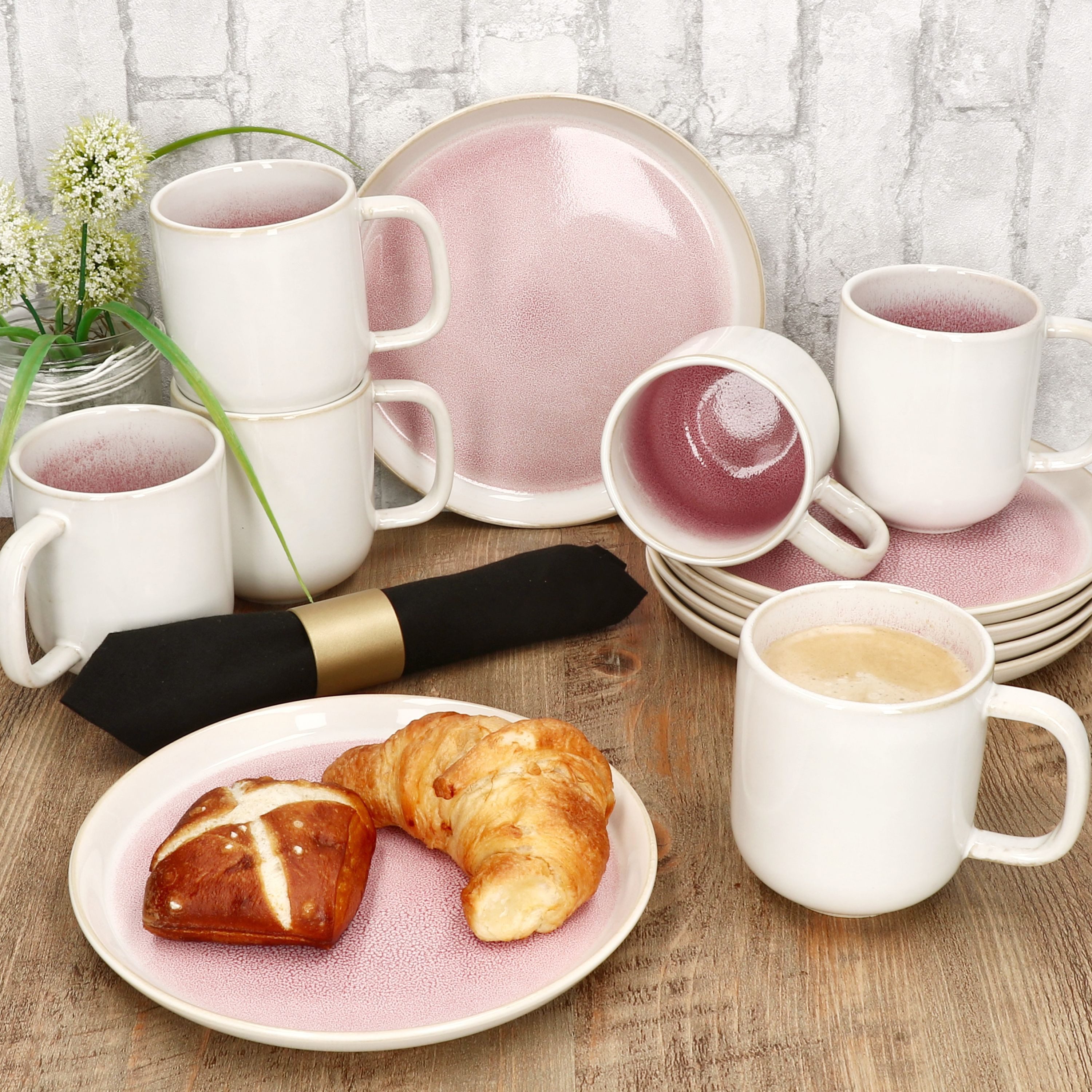 MamboCat Frühstücks-Geschirrset 12tlg Frühstücksset Reactive Glaze Paris 6 Pers Teller Becher Pink, Steingut, Steingut – Bild 5 von 5