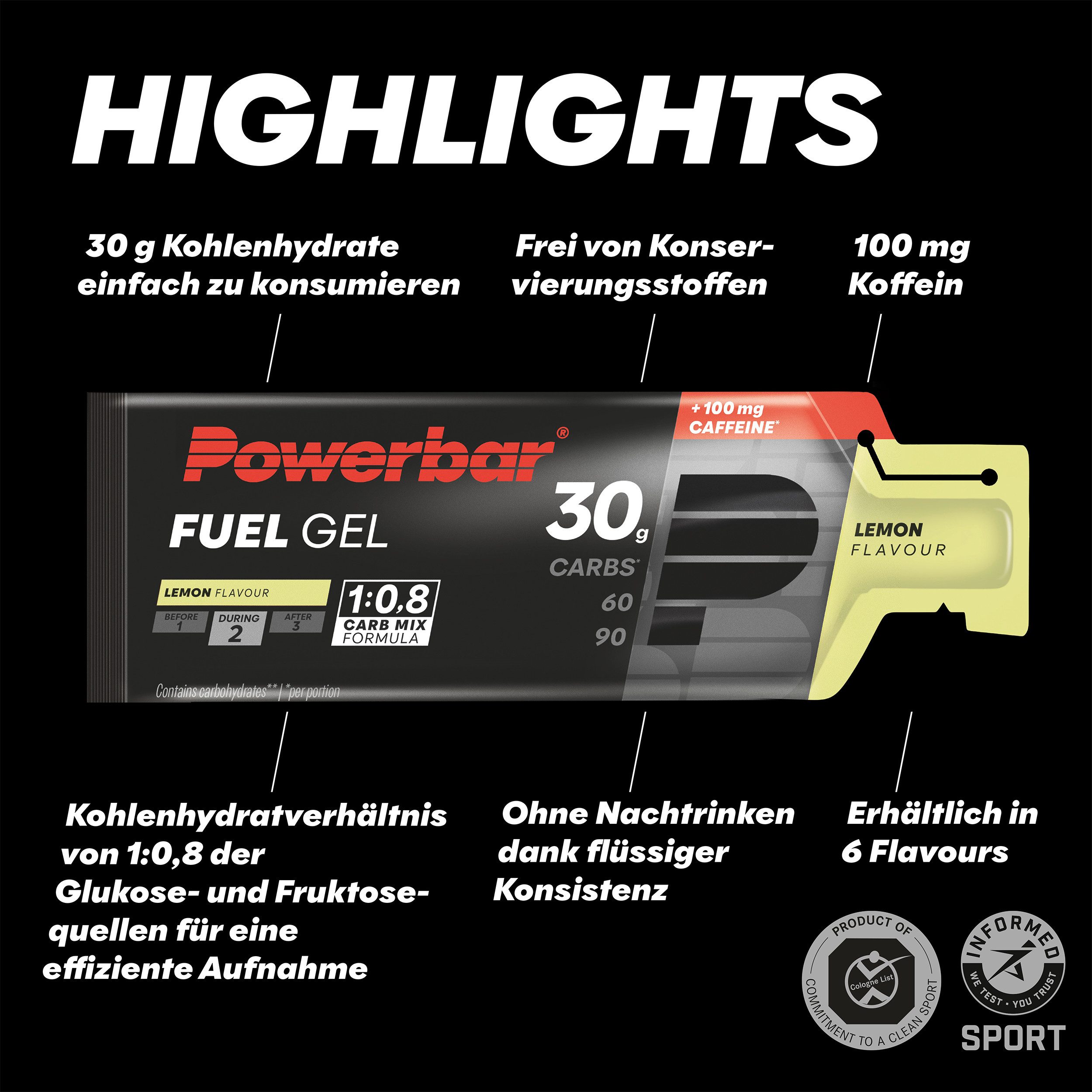 PowerBar Kohlenhydratgel Fuel 30 Gel Black Line Lemon 100mg Koffein 12 x 50ml Gel, Packung à 12 St., 600 ml