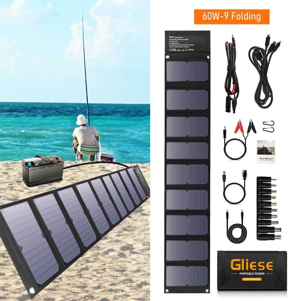 GLIESE Solarmodul 60W Faltbares Solarpanel Solarladegerät Solarmodul für Iphone laptop, Monokristallin | Solarmodule