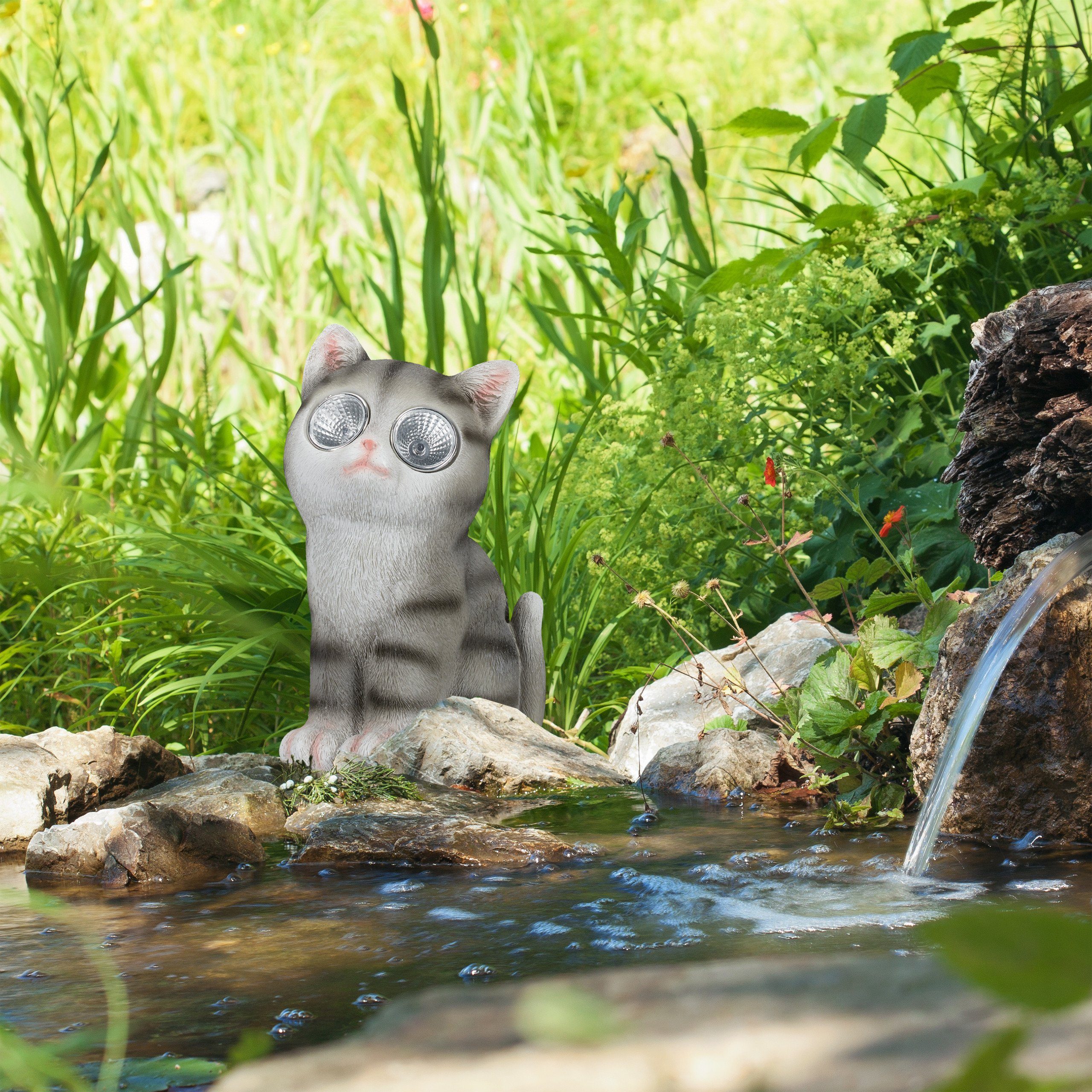 relaxdays Gartenfigur Gartenfigur Katze mit Solaraugen