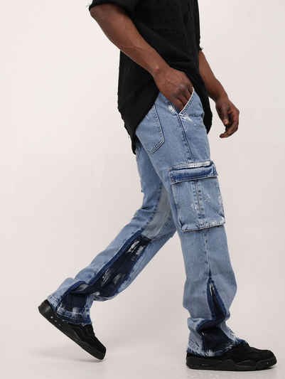 Denim House Loose-fit-Jeans Herrent Jeans Boot-Cut Cargo Jeans mit Farbeffekten Blau W34/L34