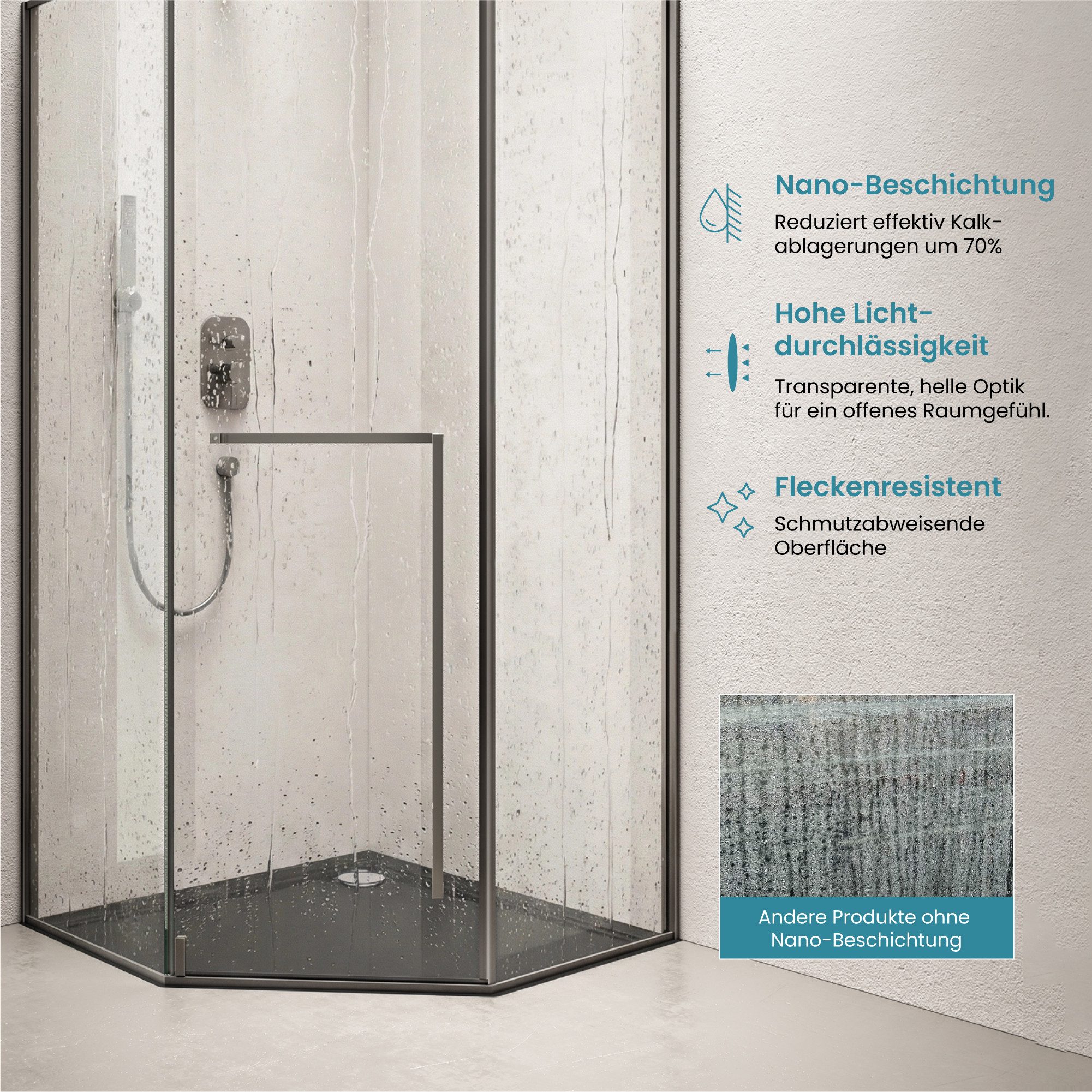 doporro Fünfeckdusche Duschkabine Duschabtrennung 80-100x80-100cm ESG/Glas Ravenna68K-P, BxT: 80x80 cm, Sicherheitsglas, Nano-Beschichtung, Wahlweise links oder – Bild 4 von 5