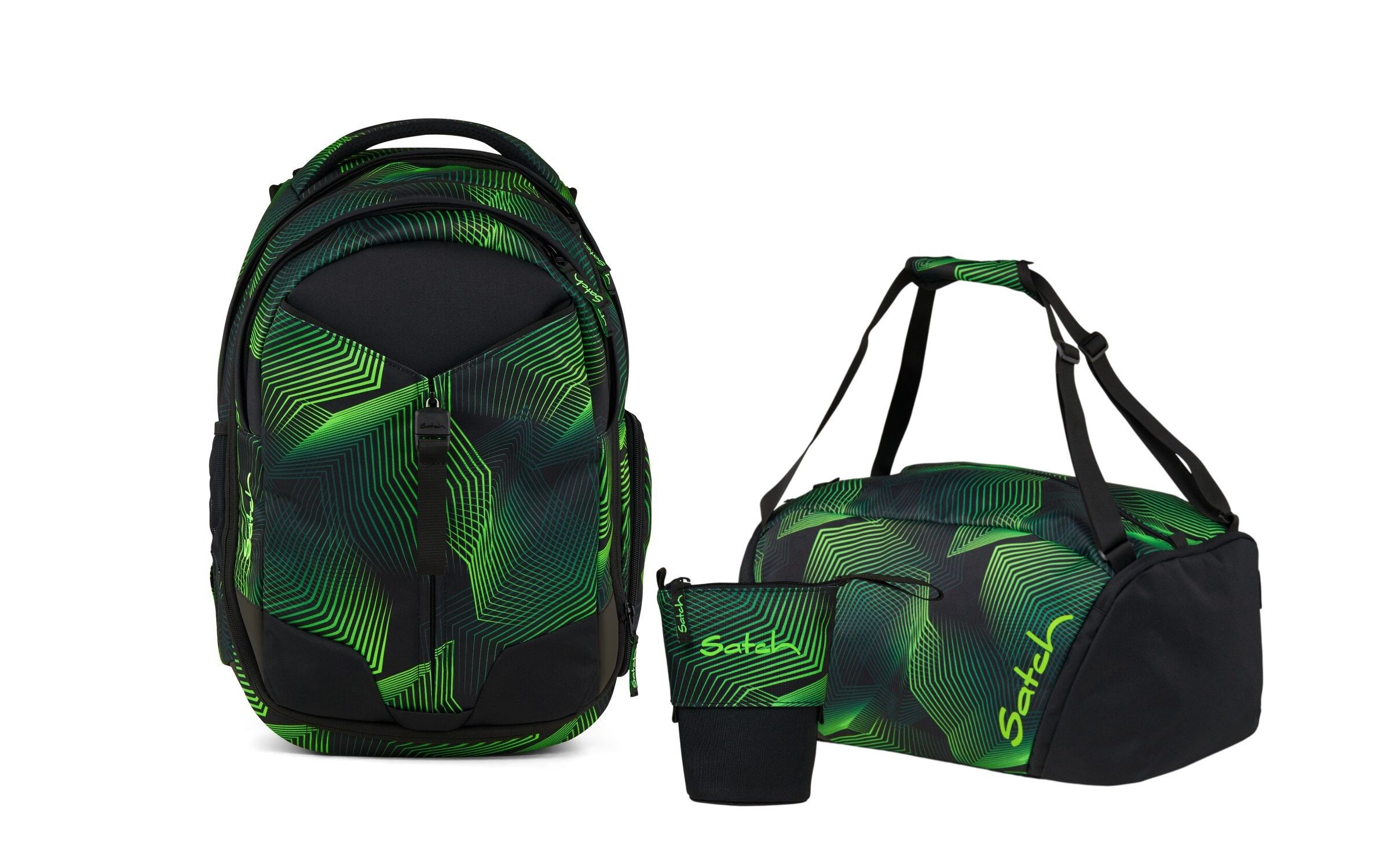 Satch Schulranzen Schulrucksack-Set MATCH Seismic Green 3-teilig (3-teilig), Schulranzen, ergonomisch, 30 + 5 Liter