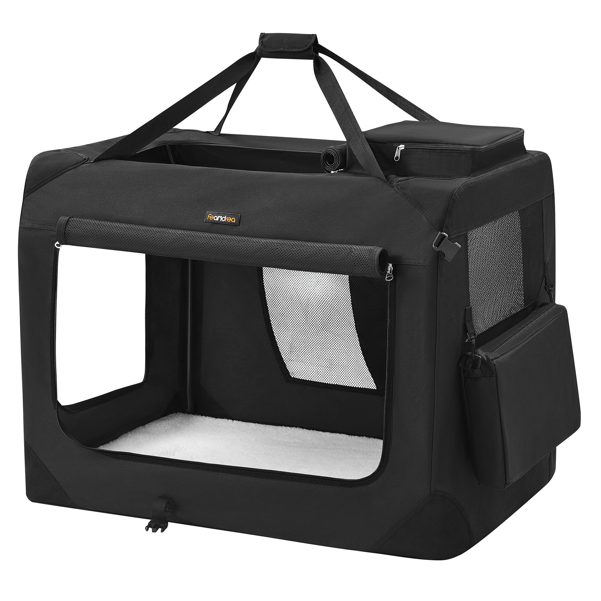 FEANDREA Tiertransporttasche Hundebox faltbar, Transportbox Hund, Hundetasche, mit Griffen, Taschen bis 32,00 kg, XXL, Oxford-Gewebe, Netzstoff, Metallrahmen, 91 x 63 x 63 cm, schwarz