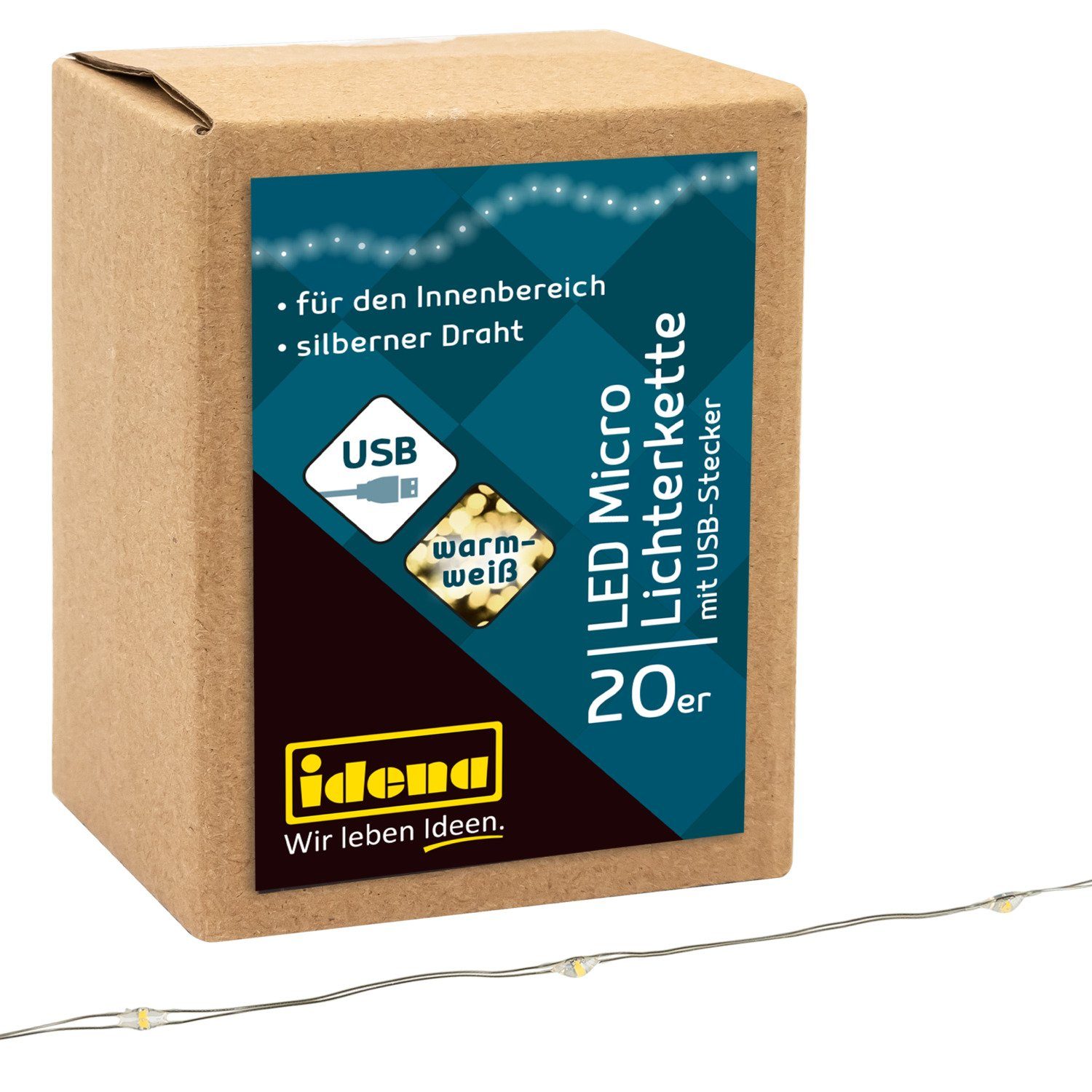 Idena LED-Lichterkette Idena 30256 - LED Micro Lichterkette mit 20 LEDs in Warmweiß, mit USB