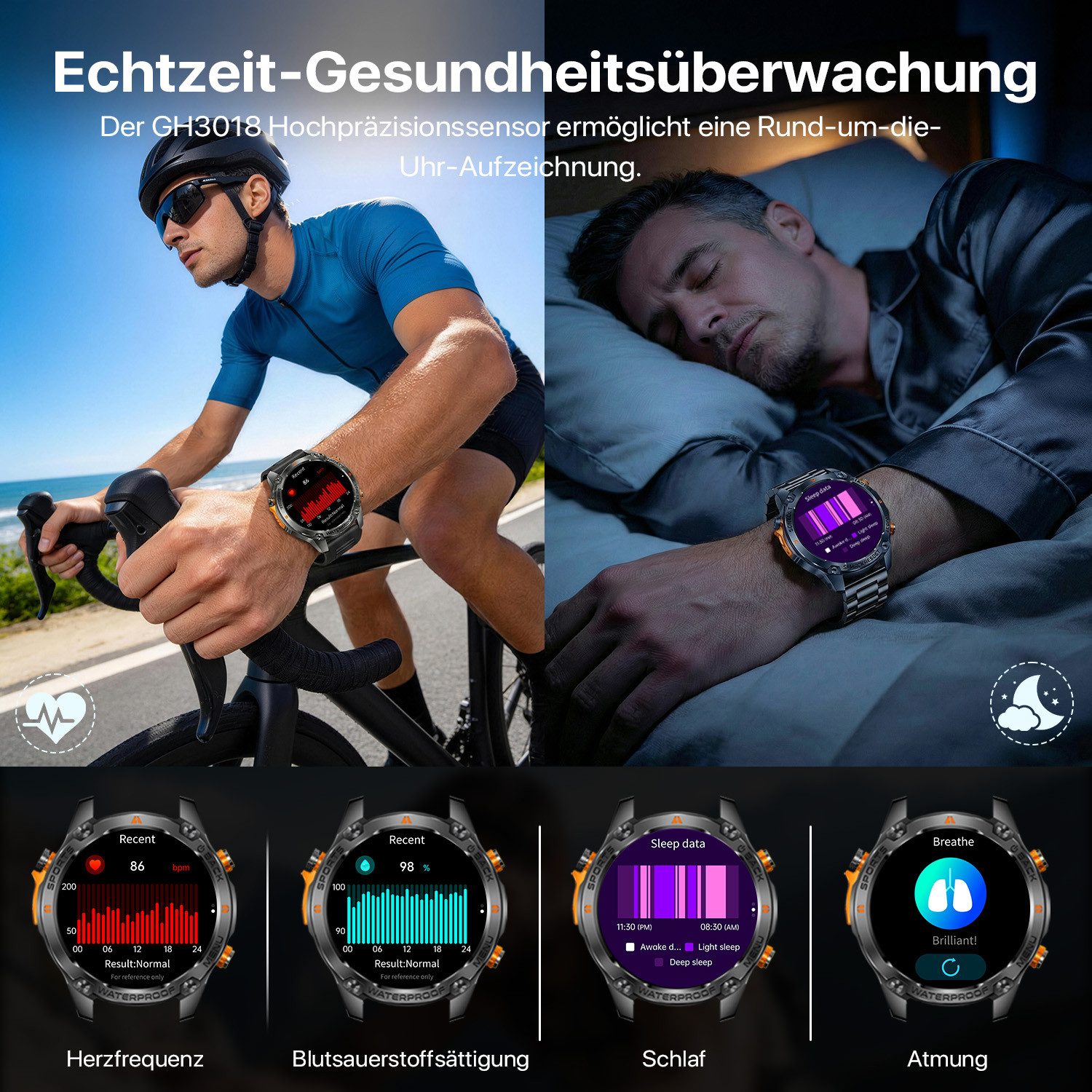 ANYSUN Smartwatch Herren Damen mit GPS, 1,43" AMOLED für den Outdoor-Einsatz Smartwatch (1,43 Zoll) Sportuhr mit 100+ Sportmodi-Puls-Schlaf-Schritte-Kalorien-Kilometer-Monitor, 5 ATM wasserdicht Fitnessuhr für Android iOS schwarz