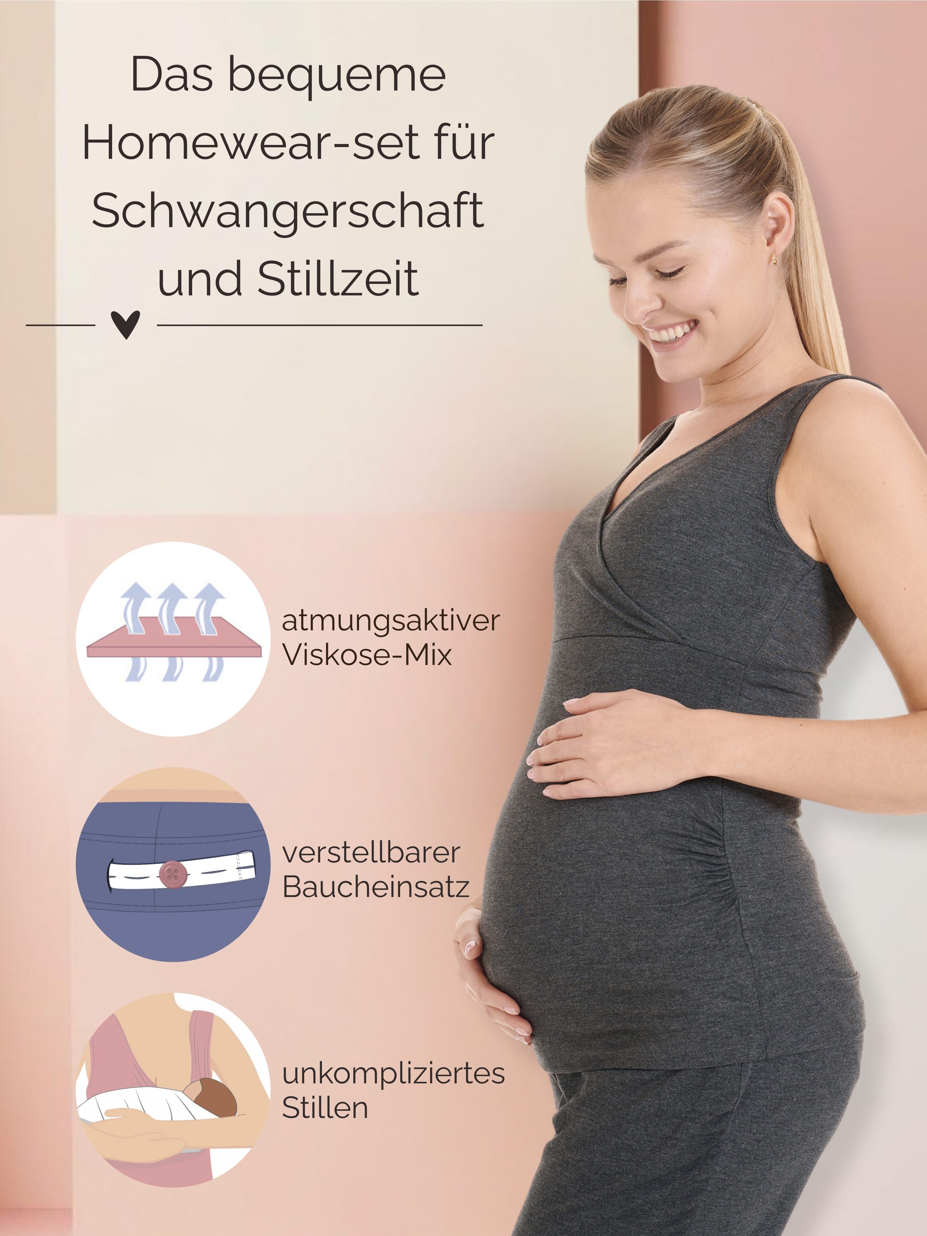 Herzmutter Umstandspyjama Stillpyjama-Set - Schwangerschafts-Wochenbett-Set (Set, 3 tlg., Hose-Top-Cardigan) Homewear