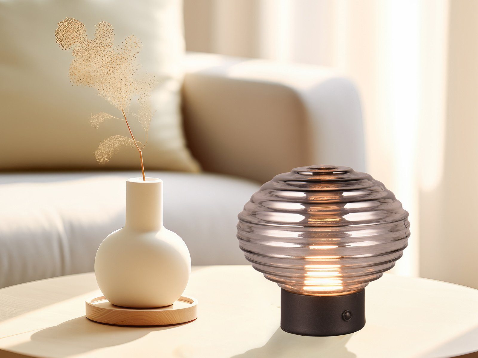 Reality Leuchten USB-Tischleuchte, 2er SET ohne Strom-kabel, Akku kabellos Rauchglas Lampenschirm H: 14cm