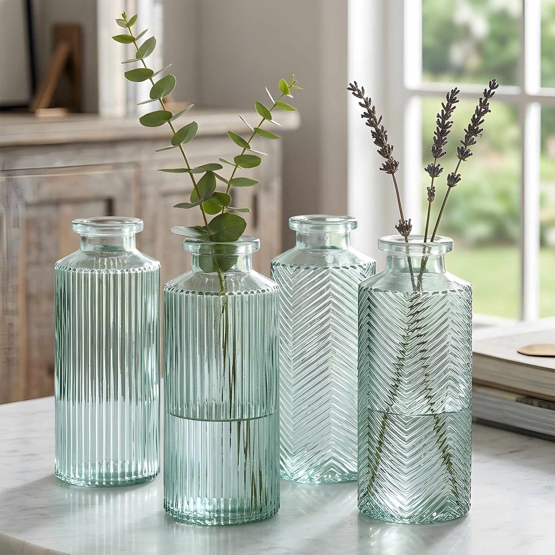Levandeo® Dekovase, 4er Set Vase Glas Grün H14cm Grau Glas Blumenvase Tischdeko
