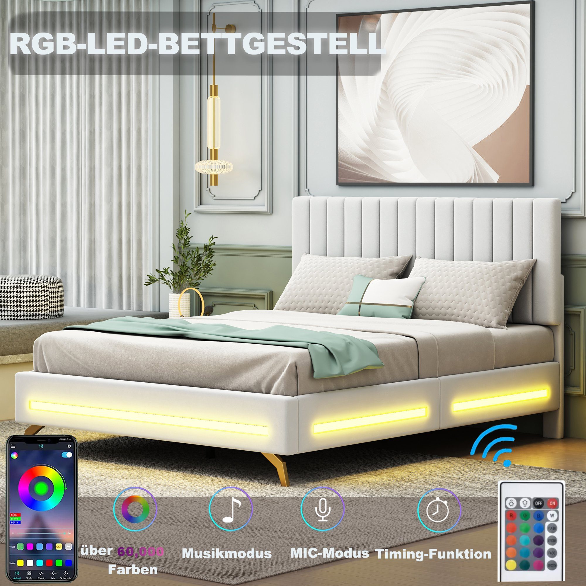 Polsterbett (Doppelbett), mit verstellbarem Kopfteil und LED Beleuchtung, Samt, 140x200cm