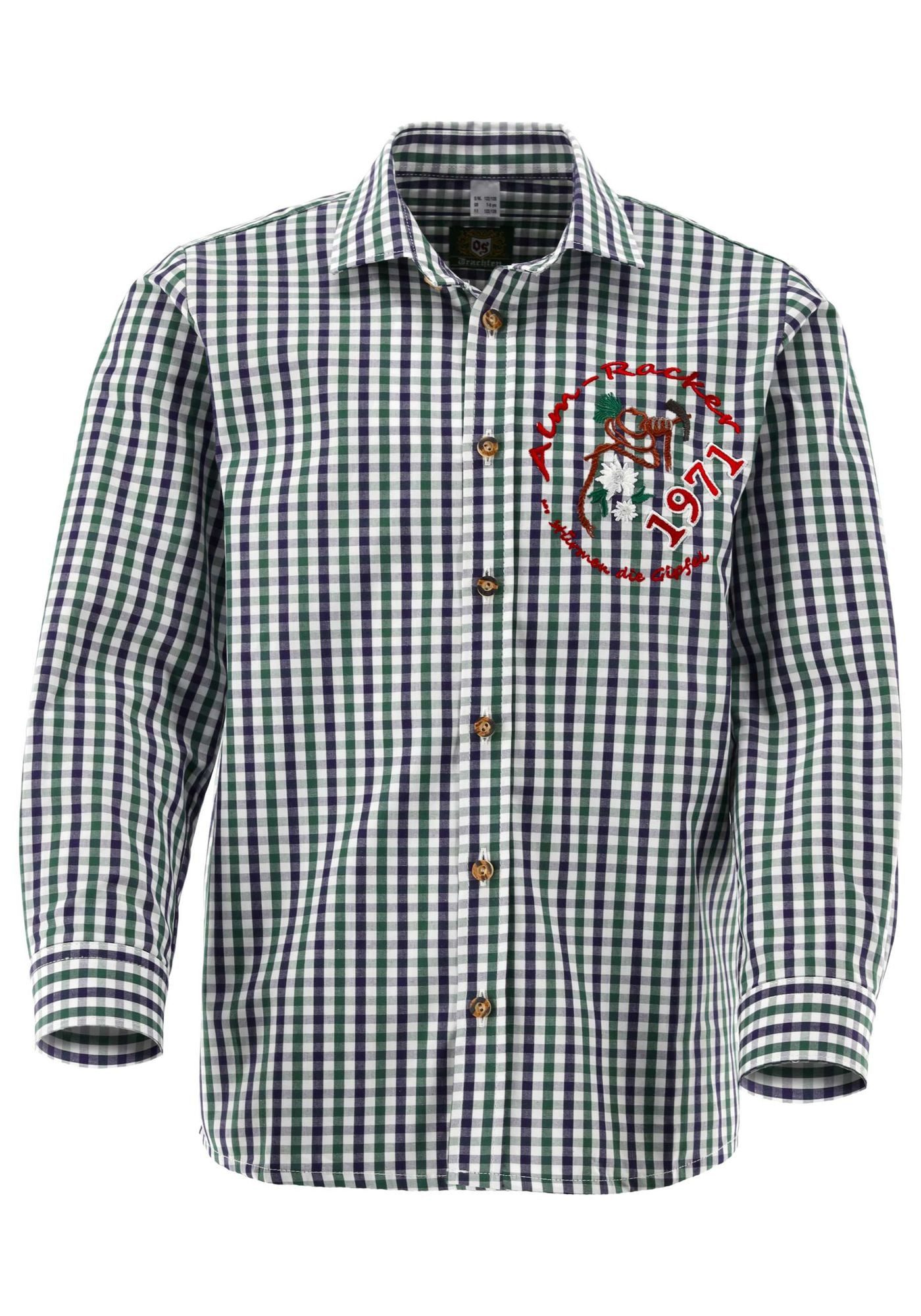 OS Trachten Trachtenhemd Qovida Regular Fit, 1/1-Arm, Haifischkragen, "Alm-Rocker" Stick, Kinderhemd