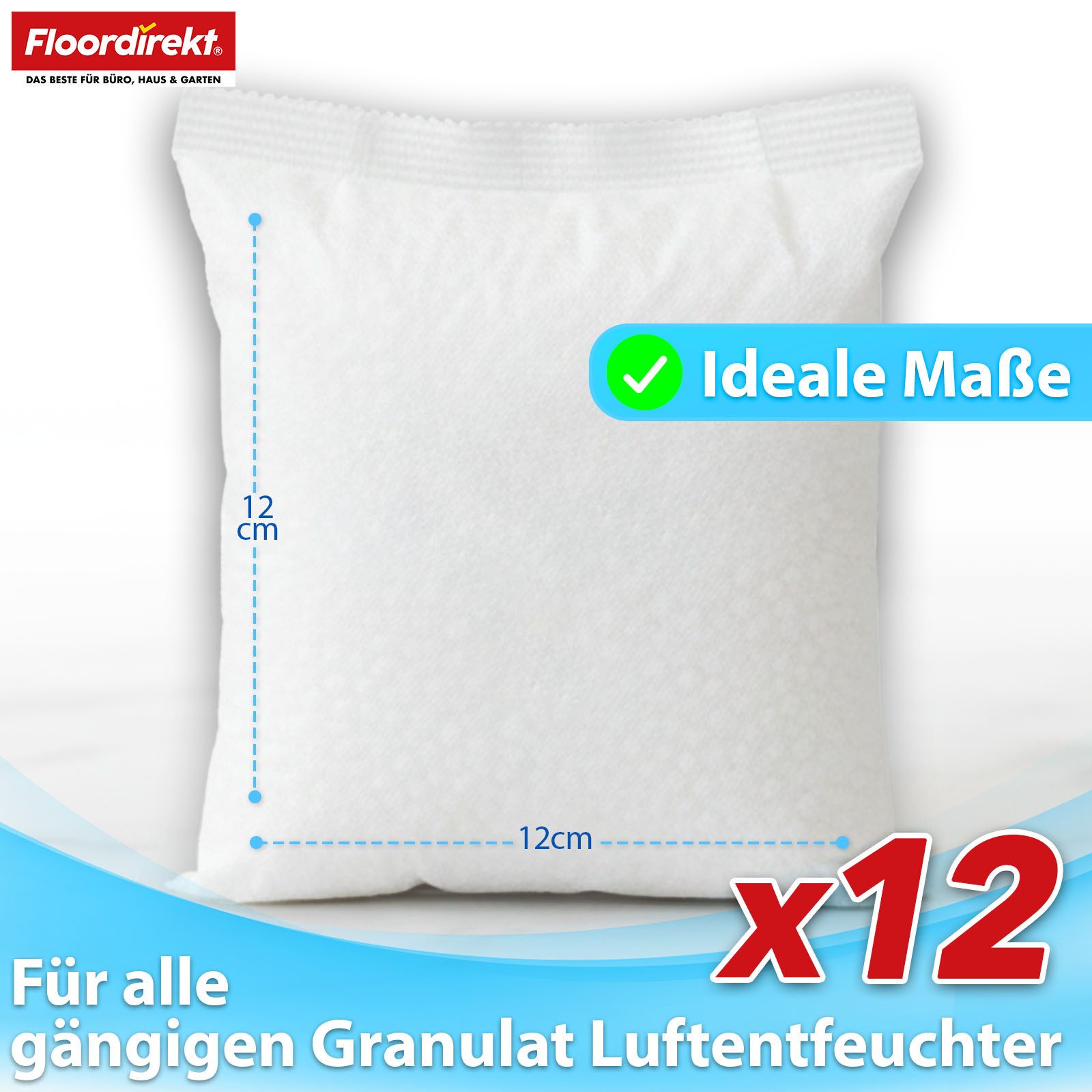 Floordirekt Luftentfeuchter-Nachfüllpack 12er Set – Raumentfeuchter Granulat gegen Feuchtigkeit, für gängige Luftentfeuchter Modelle, stromlos, Nachfüllbeutel für Raumentfeuchter - bis ca. 40 m²
