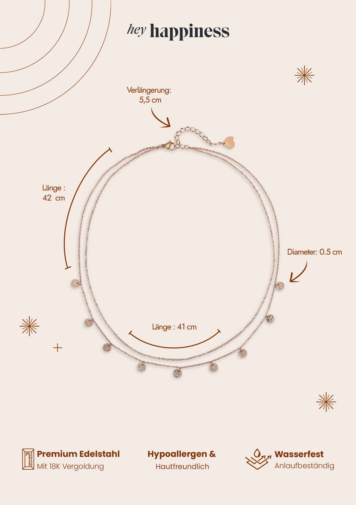 Hey Happiness Edelstahlkette Layer mit Plättchen, wasserfest, Mehrreihige Damen Halskette mit Anhänger Kreis, vergoldet