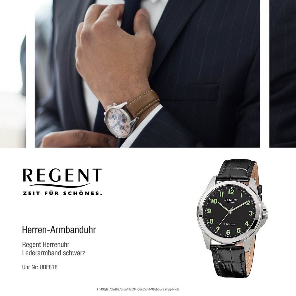 Regent Quarzuhr Regent Leder Herren Uhr F-818 Handaufzug, Herrenuhr  Lederarmband schwarz, rundes Gehäuse, mittel (ca. 39mm)
