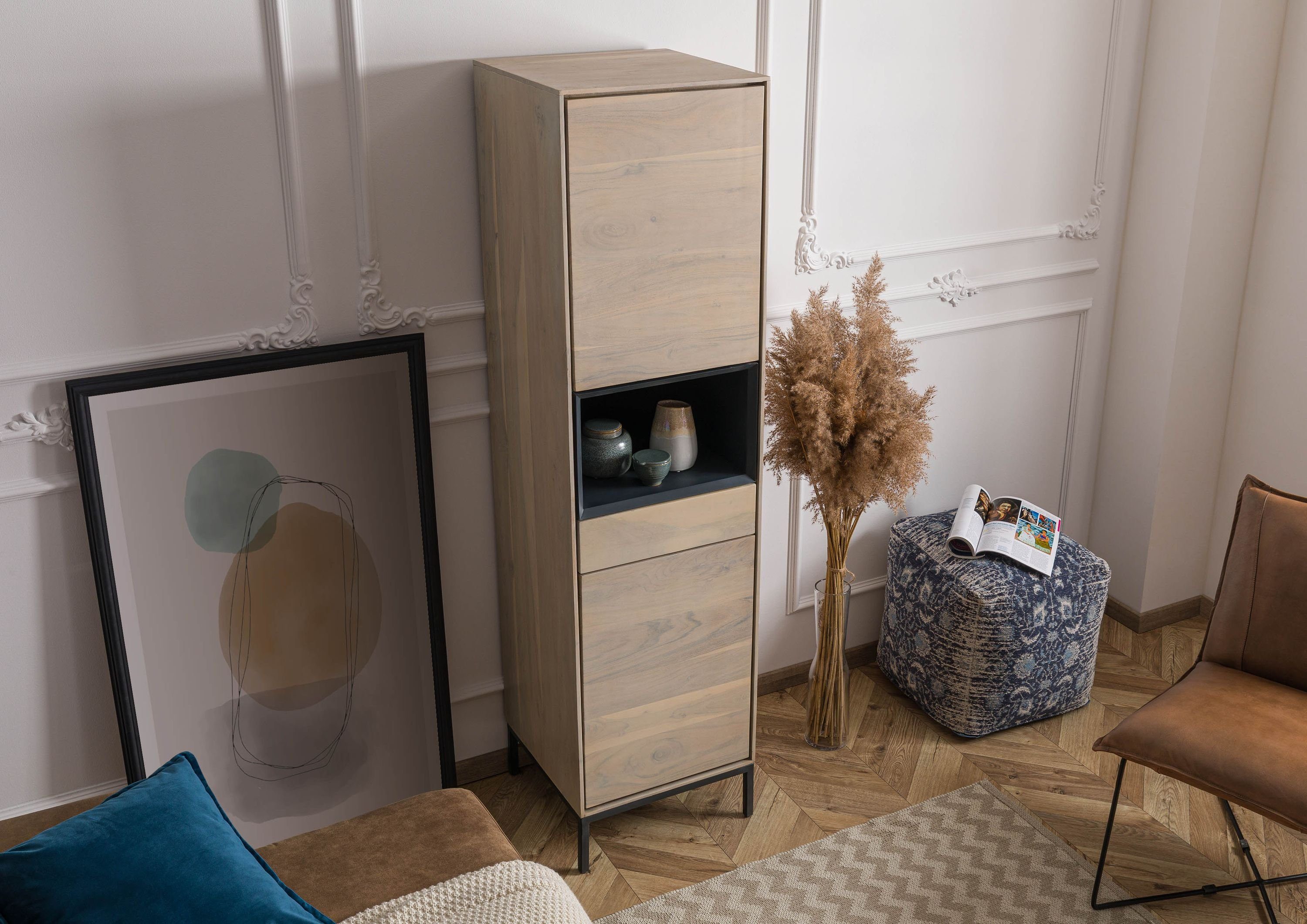 Massivmoebel24 Highboard CHICAGO (Massivholz), Highboard Akazie 45x45x175 grau-weiß geölt CHICAGO #10