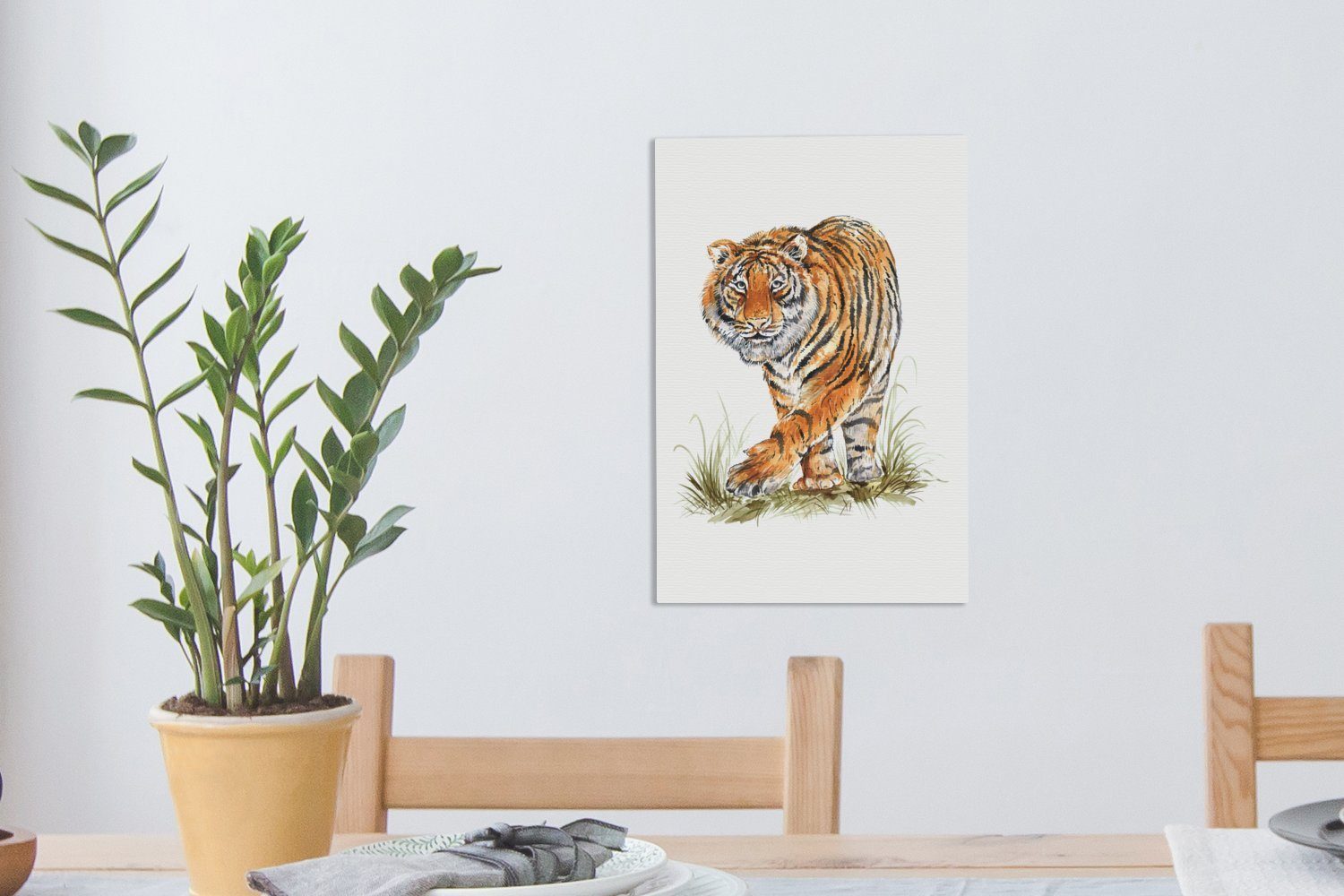 OneMillionCanvasses® Leinwandbild Tiger - fertig Zackenaufhänger, - (1 bespannt Gemälde, Leinwandbild inkl. cm St), Beine Gras, 20x30