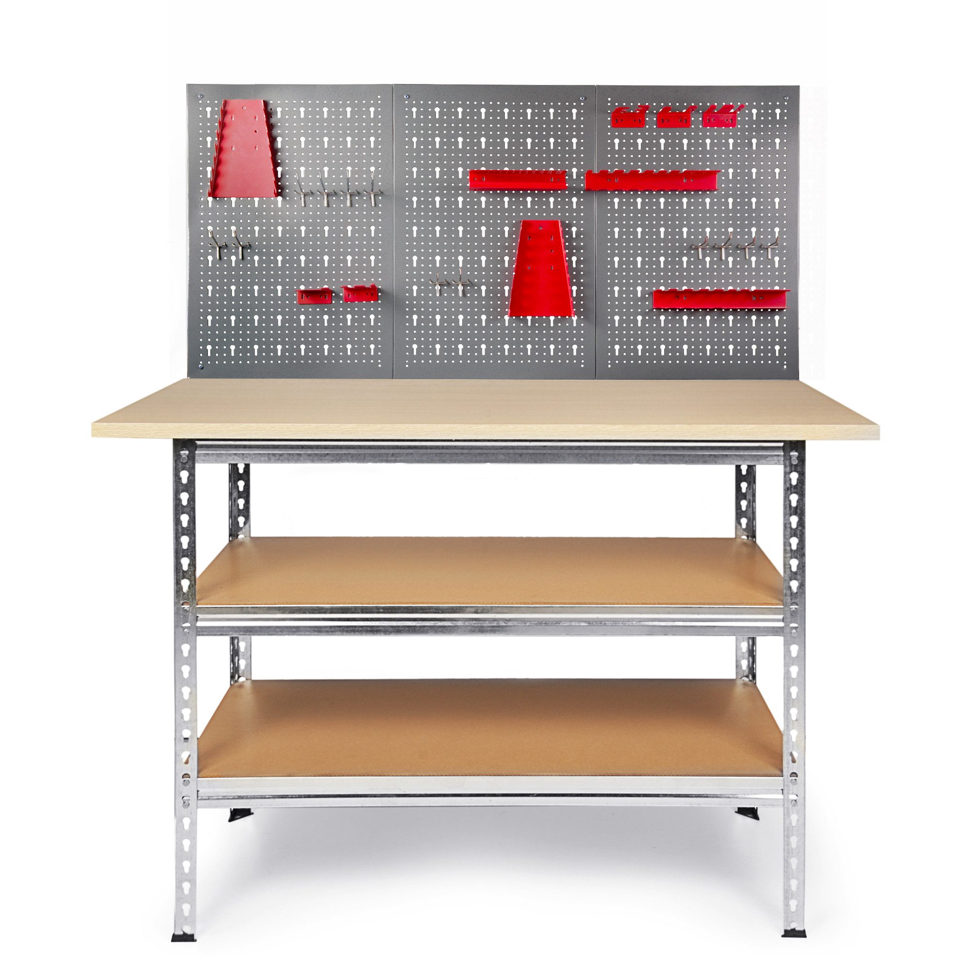 ONDIS24 Werkstatt-Set Werkbank 120x60cm mit 25mm Melaminarbeitsplatte, 2 Ablageflächen, 151cm Höhe, Set mit 3 Lochwänden & 22 Haken für Handwerker