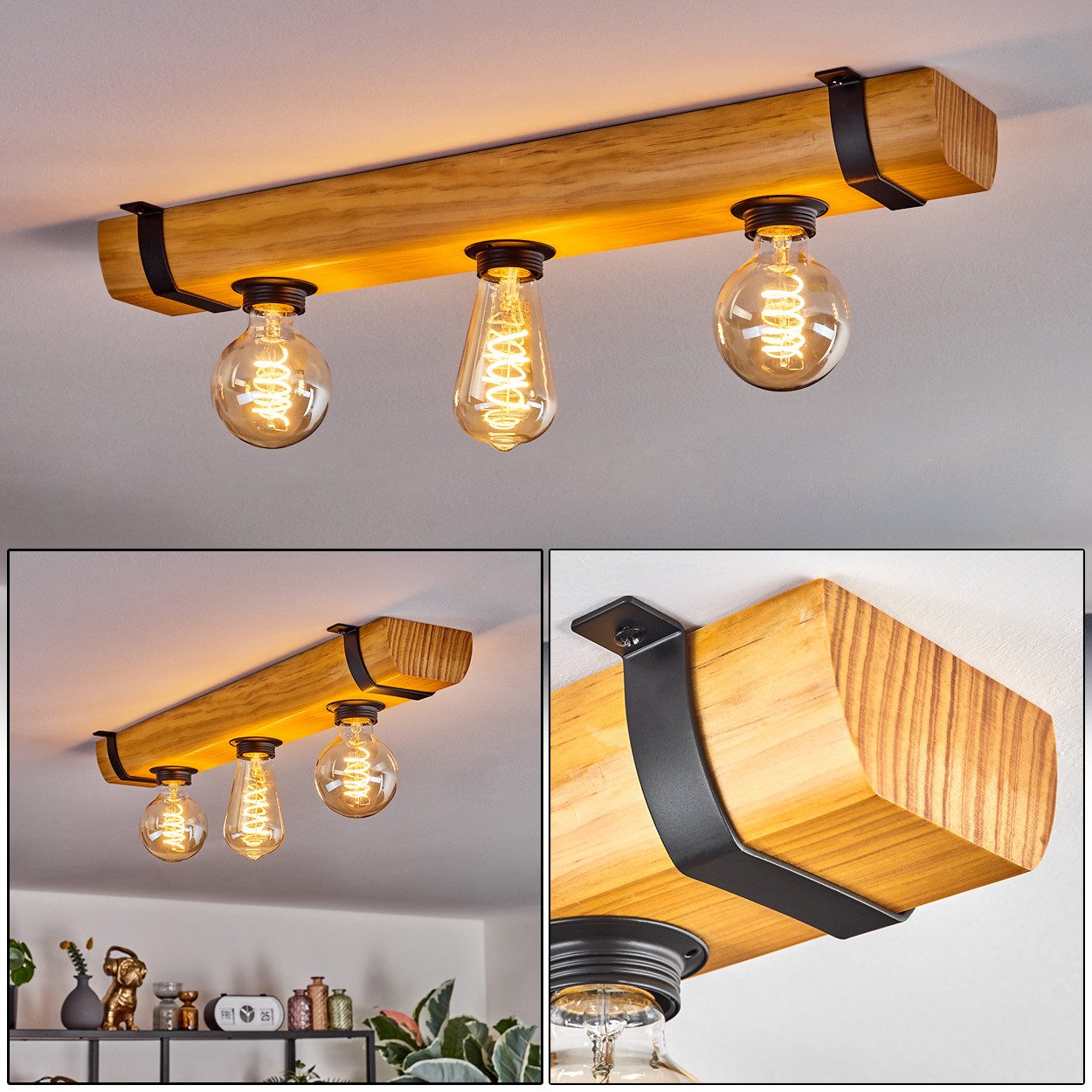 hofstein Deckenleuchte Deckenlampe aus Holz/Metall in Naturfarben/Schwarz, ohne Leuchtmittel, moderne Retro/Vintage/Industrial-Design Leuchte mit Holzbalken, 3xE27
