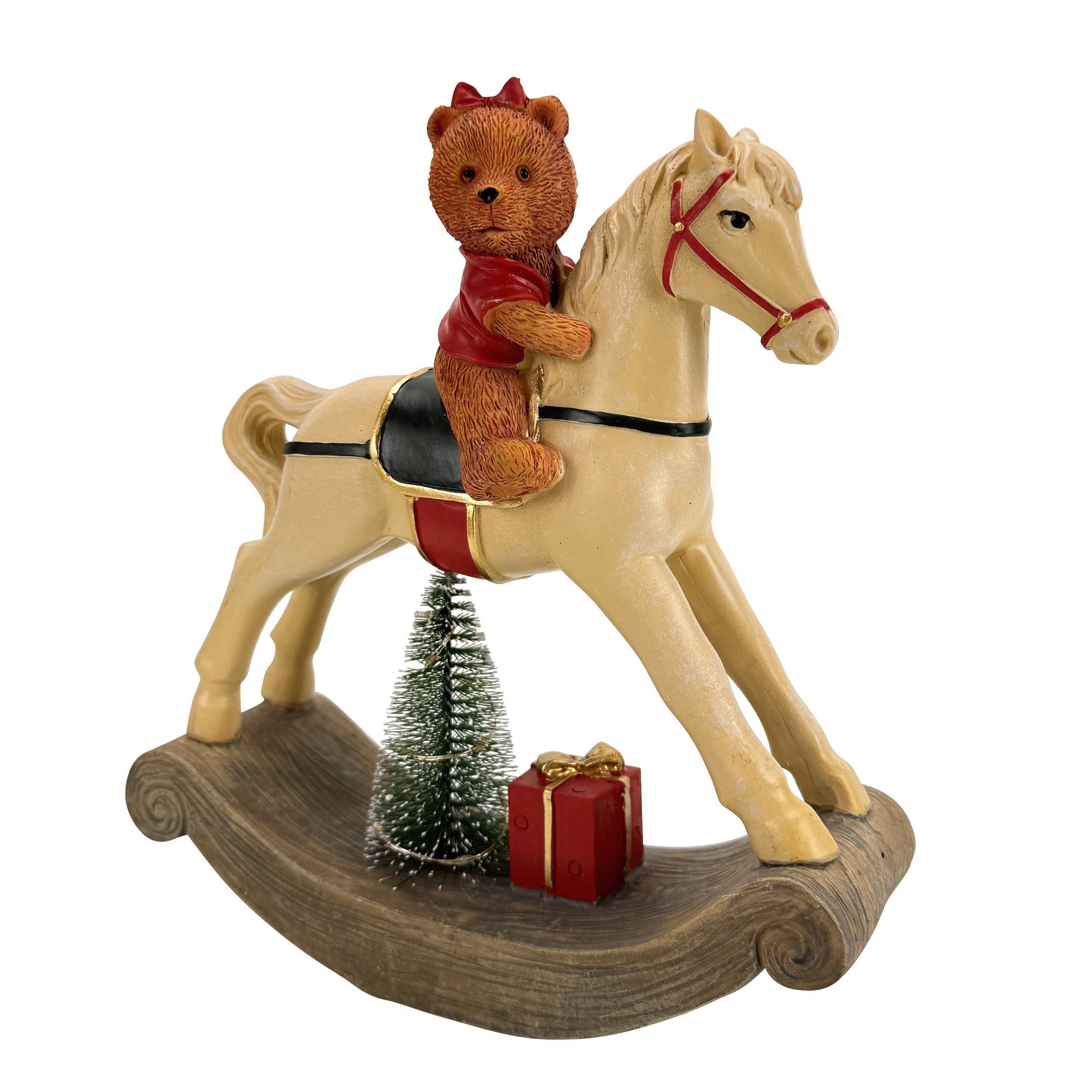 Online-Fuchs LED-Dekofigur Schaukelpferd mit Weihnachtsbaum und LED-Lichterkette - Weihnachtsdeko (mit süßen Teddybär, 10 warmweiße LEDs), praktische 6-Stunden  – Bild 2 von 5