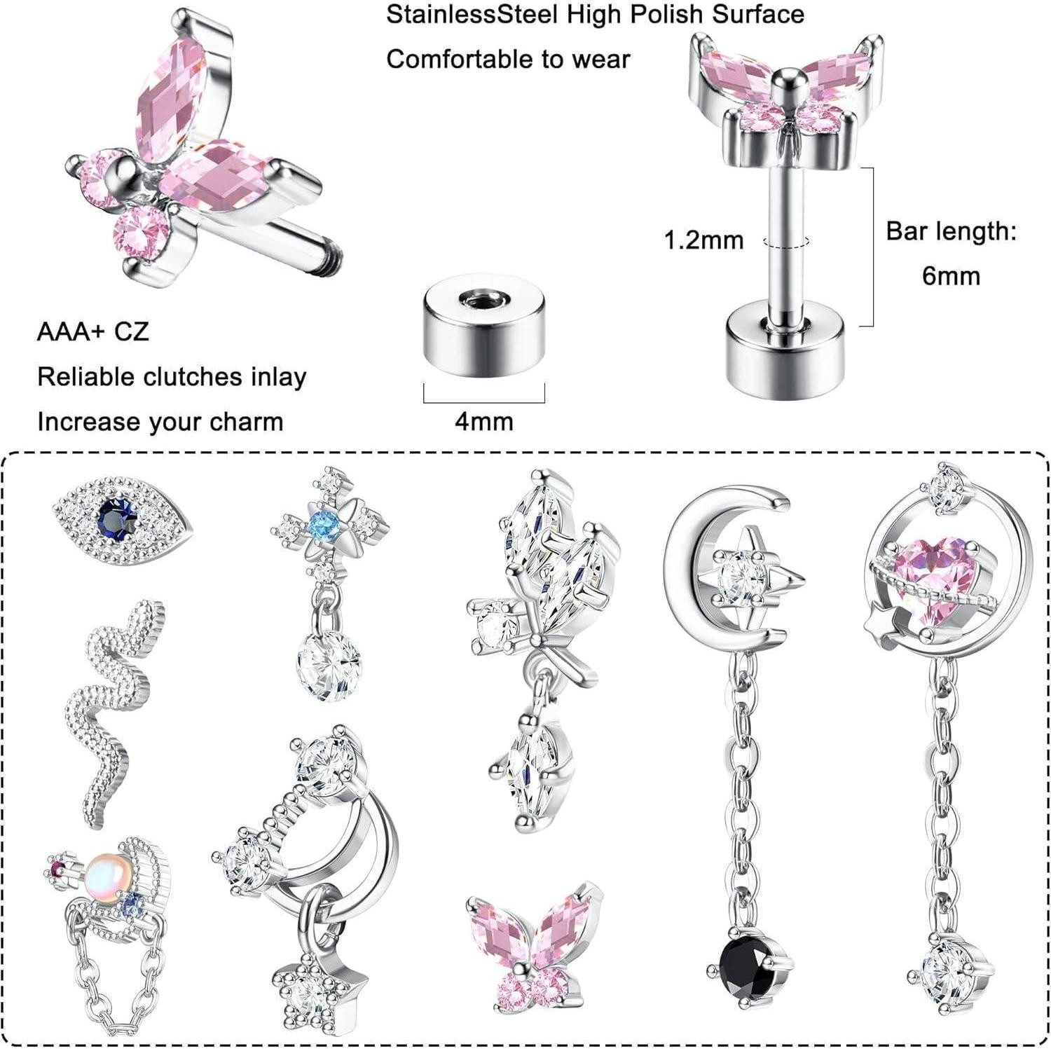 Kakonia Piercing-Set Edelstahl Piercing Set 9 Stück 16G Tragus Helix Ohrste günstig online kaufen