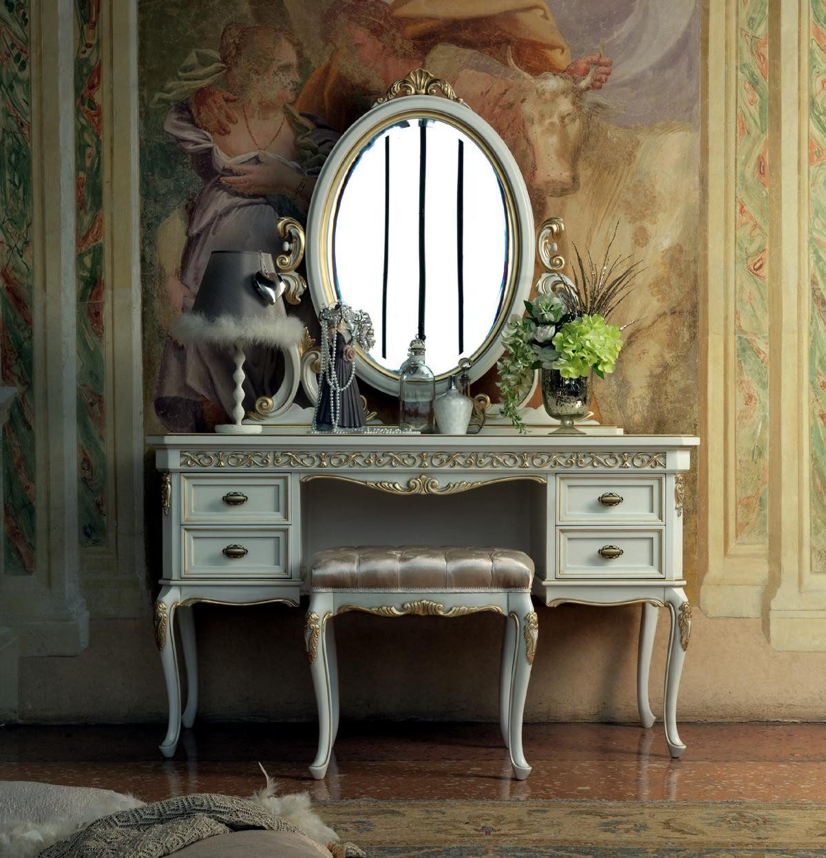 JVmoebel Schminktisch Schlafzimmer Hocker Set Kommode Tisch Klassische Konsole Spiegel Weiß (3-St), Made in Europa